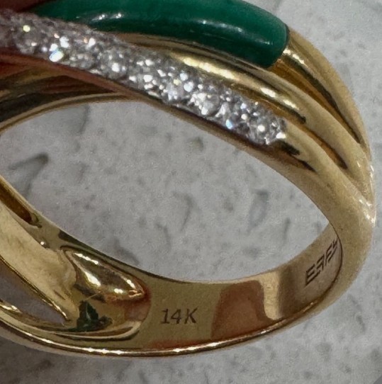 Effy 14K yellow gold diamond & green Malachite crossover ring size 7 NEW