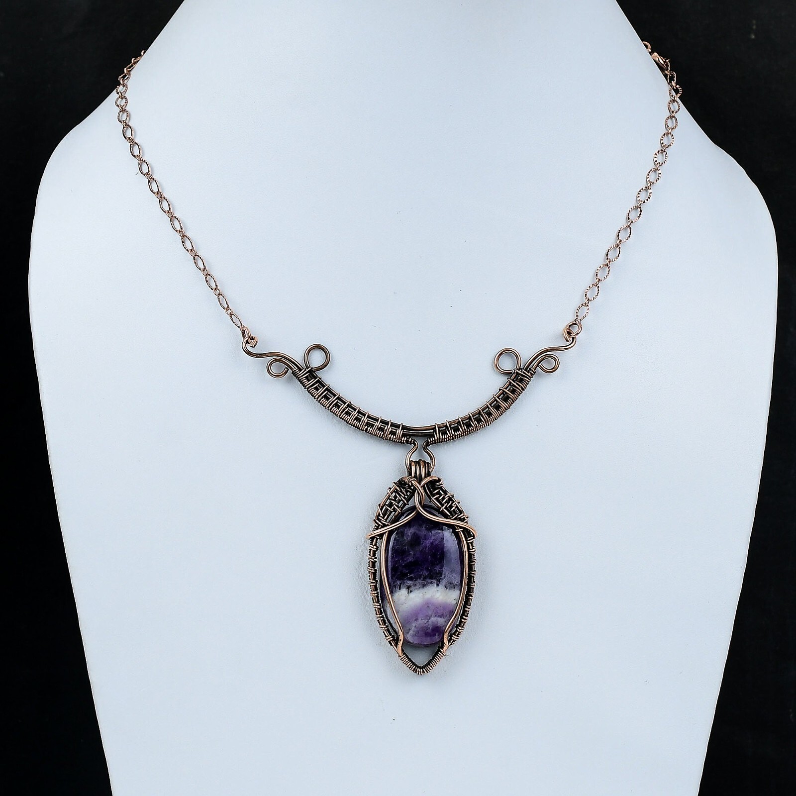 Chevron Amethyst Copper Gift For Bridesmaid Wire Wrapped Adjustable 18.0″