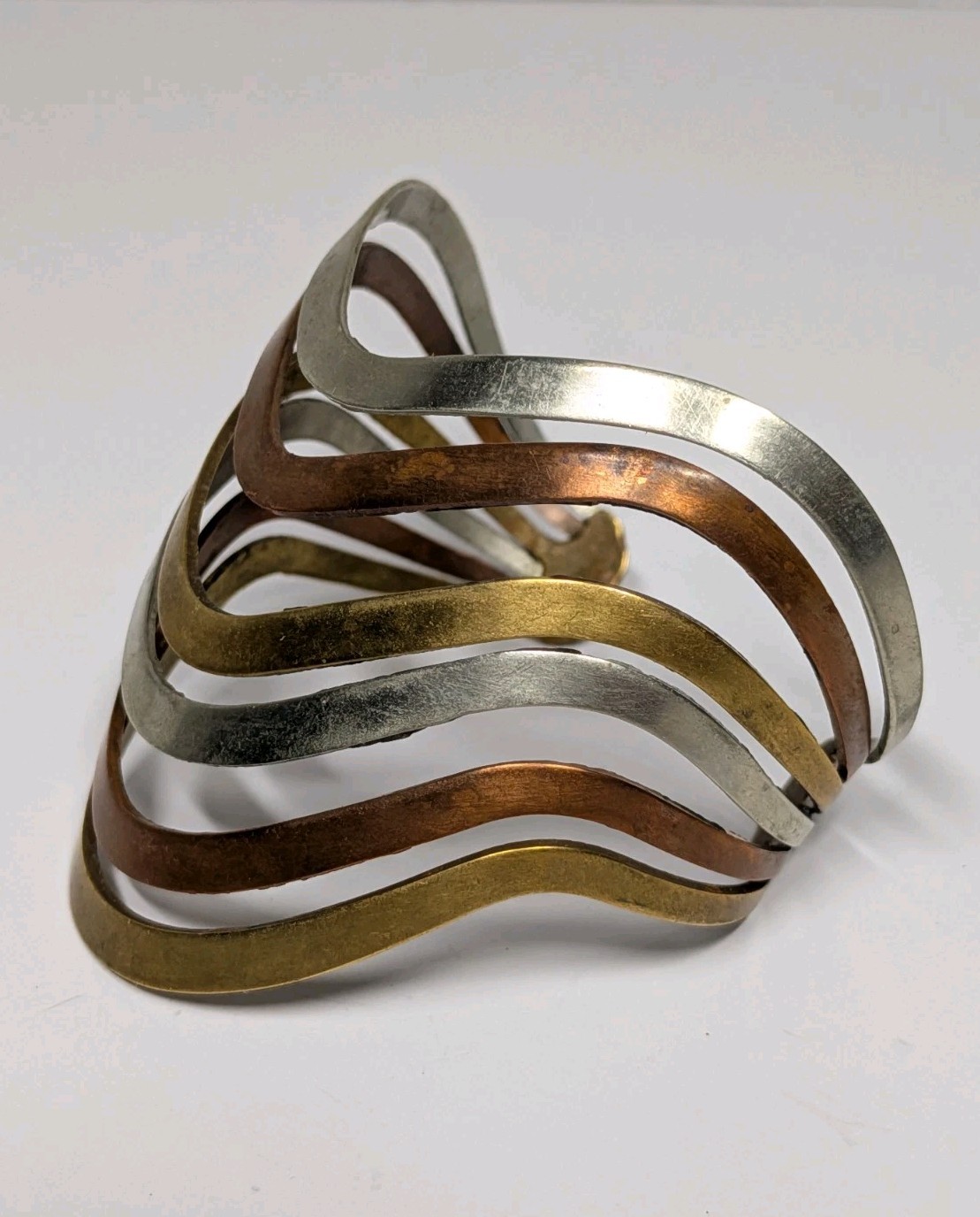 Vintage Modernist Mixed Metal Cuff Bracelet Brass Copper Silver Tone Open Bangle