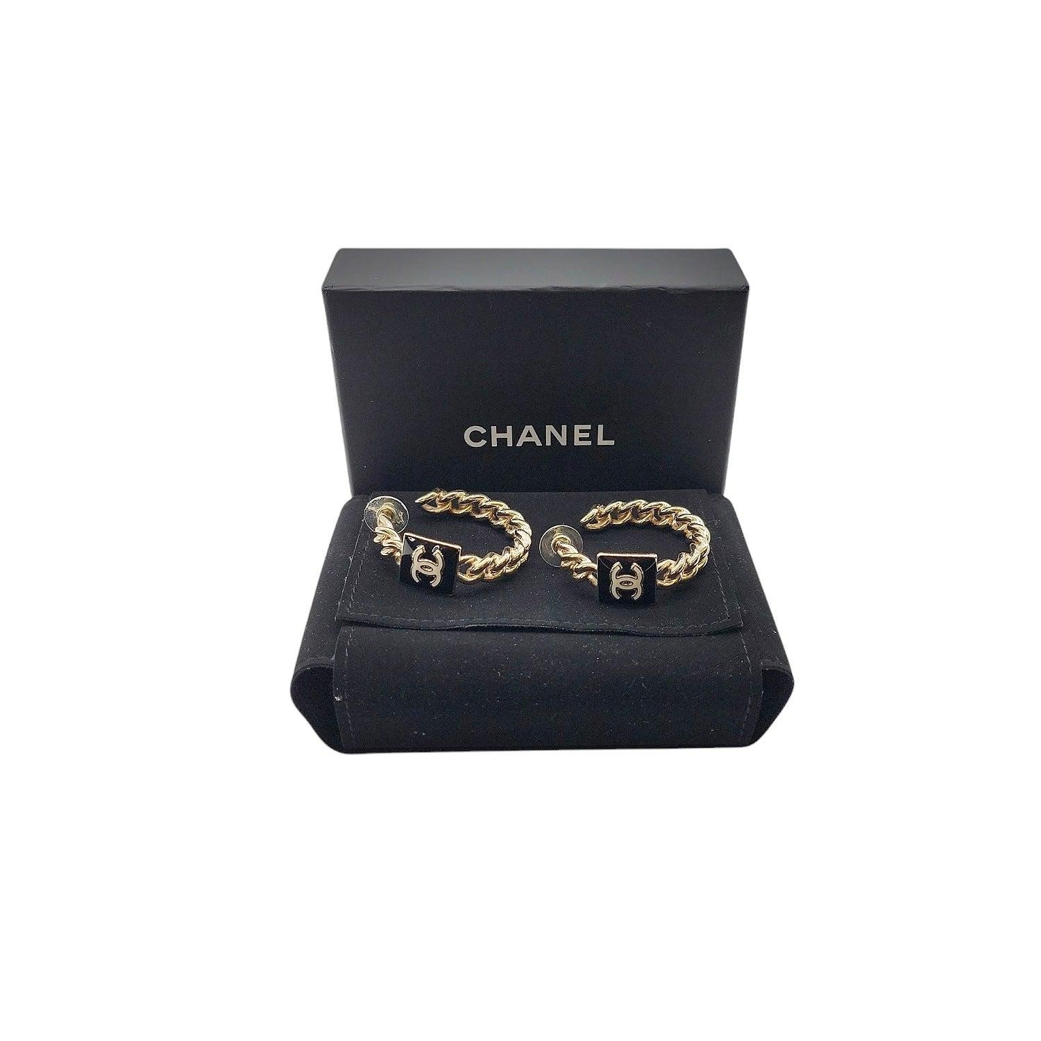 Chanel Metal Enamel CC Square Chain Hoop Earrings