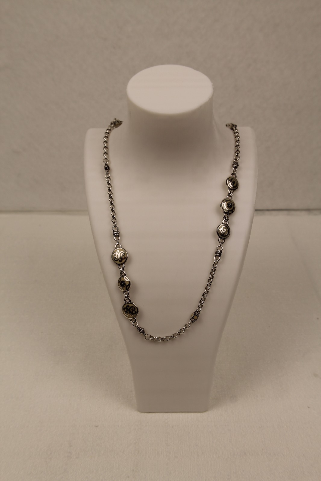 Brighton Silver Tone Cream Enamel Scroll Filigree Station Rolo Chain Necklace 19