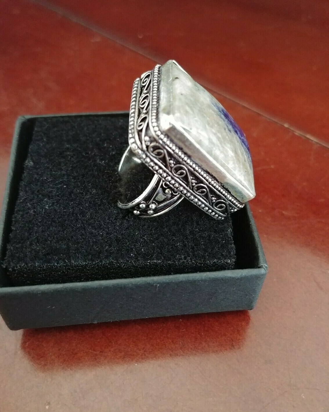 Natural Stone SSilver Mineral Healing Sodalite Fashion Ring Band Charm Gem 6.75