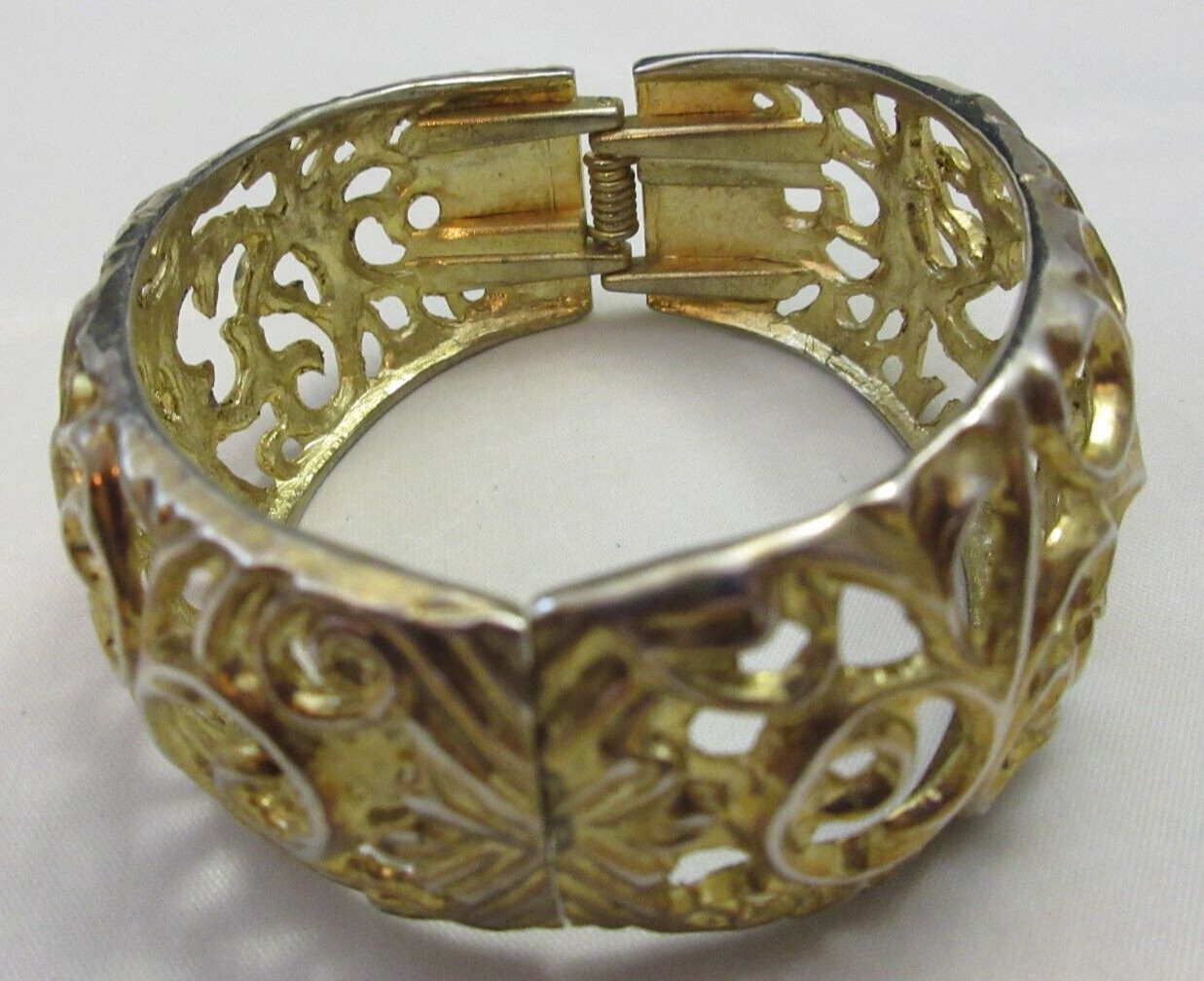 Vintage Open Work 1 1/4 Inch Wide Hinged Cuff Clamper Bracelet Gold Tone As Is
