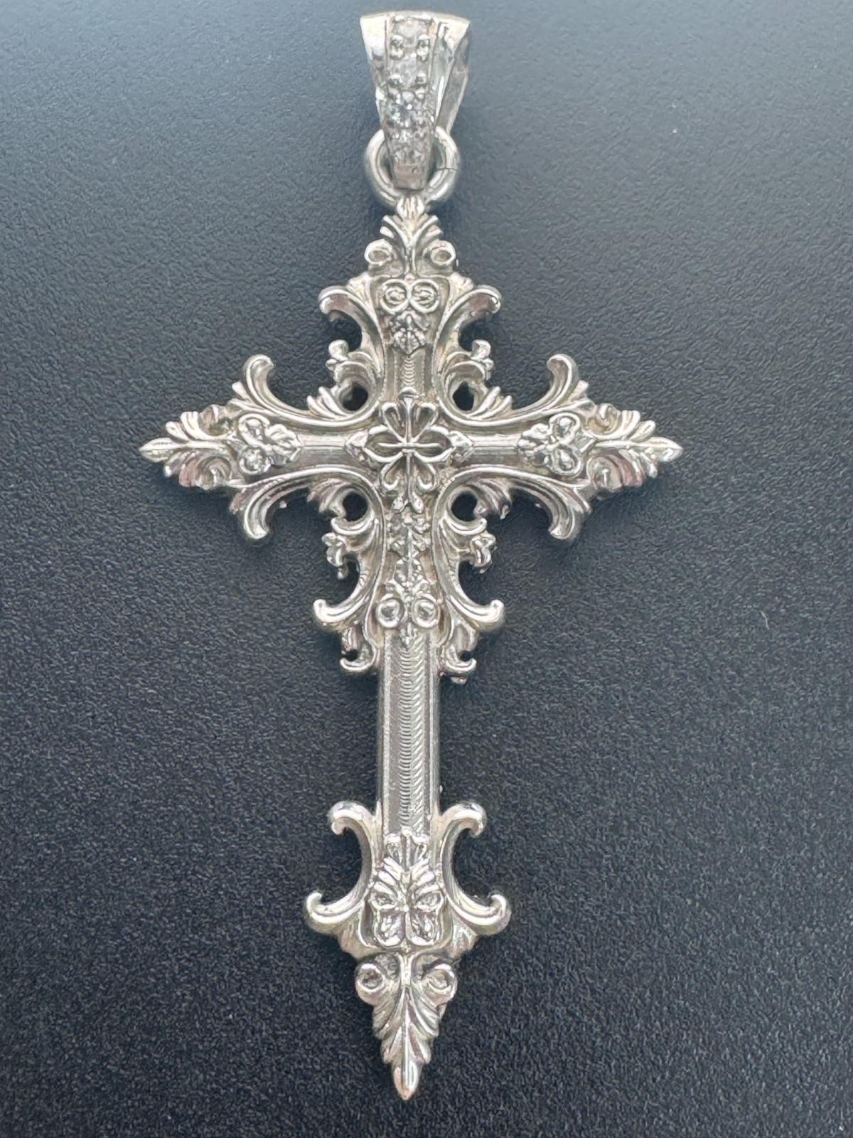 Bright White Gothic Cross Charm Pendant 2.5″ Polished Solid Sterling Silver .925