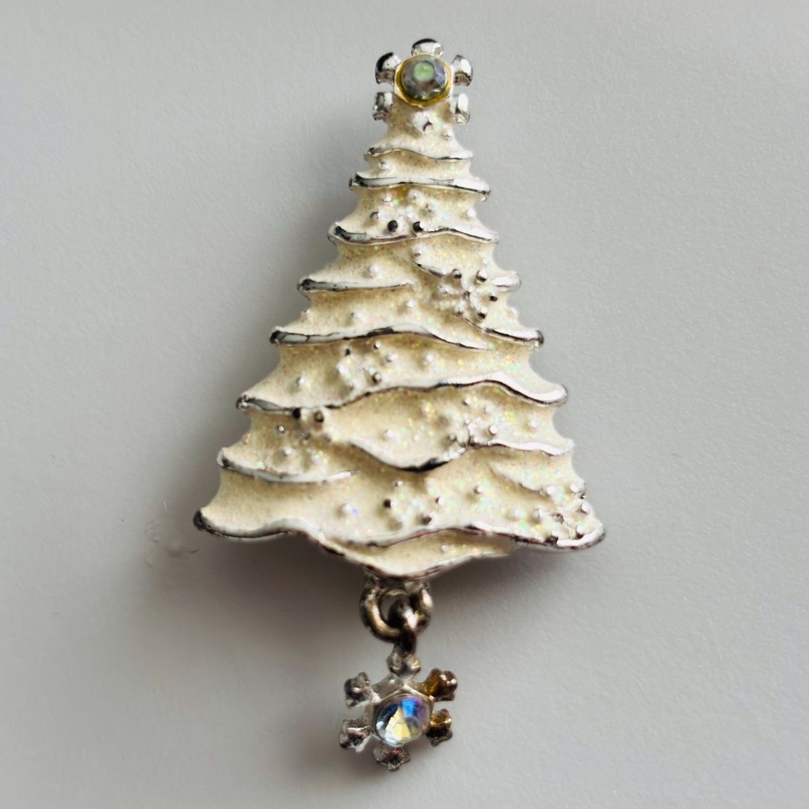 VINTAGE Christopher Radko Silver Tone Christmas Tree Brooch Dangle Snowflake