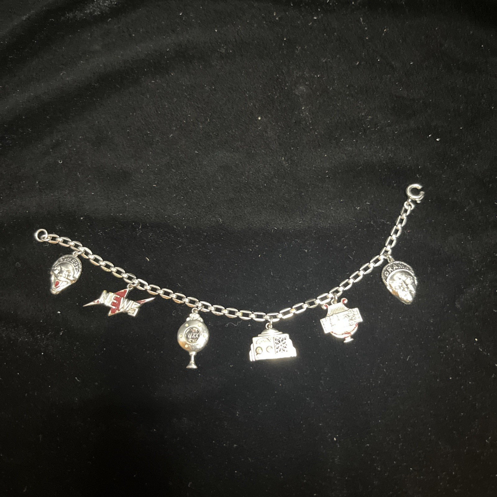 Silver Tone Drama Comedy Radio Music Themed Charm Bracelet Six Charms Vintage