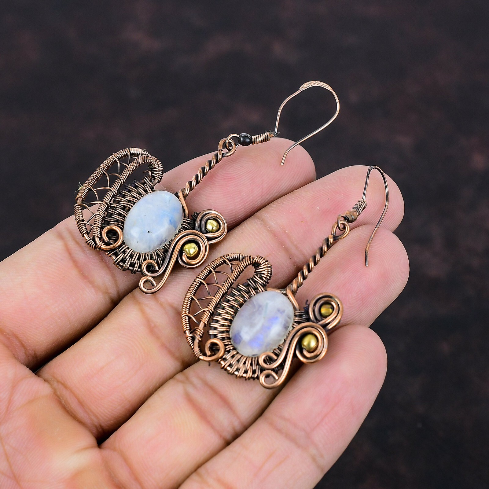 Rainbow Moonstone Wire Wrapped Earrings Handcrafted Copper Gift 2.28″