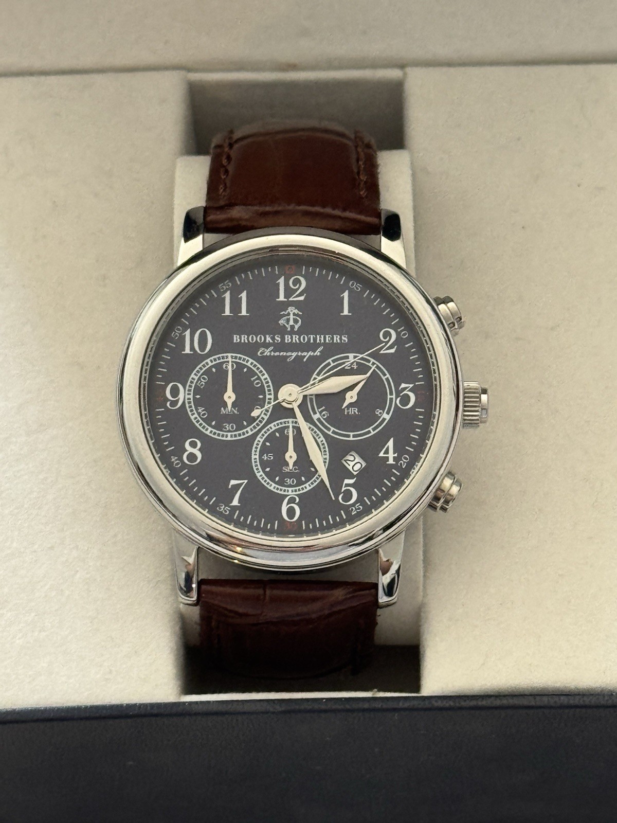 Brooks Brothers Men’s Navy Blue Bezel Watch with Brown Leather Strap and Case