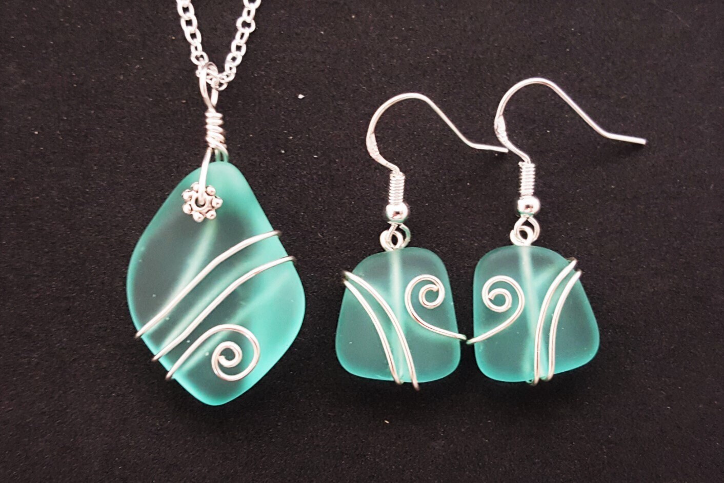 Hawaiian Jewelry Sea Glass Set, Wire Wrapped Aquamarine Necklace Earrings