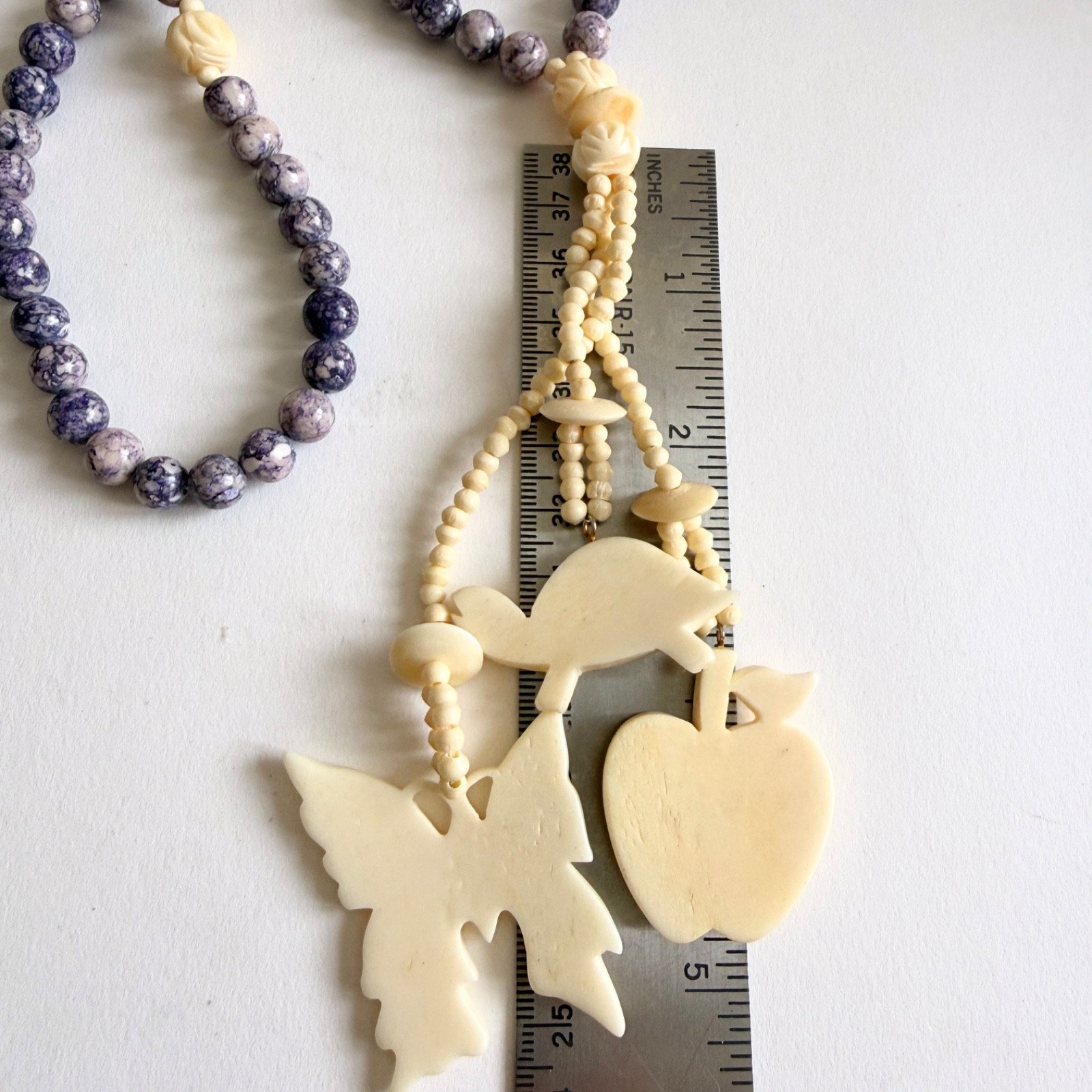Vintage Fetish Carved Bone Purple Stone Lariat Necklace Butterfly Turtle Apple