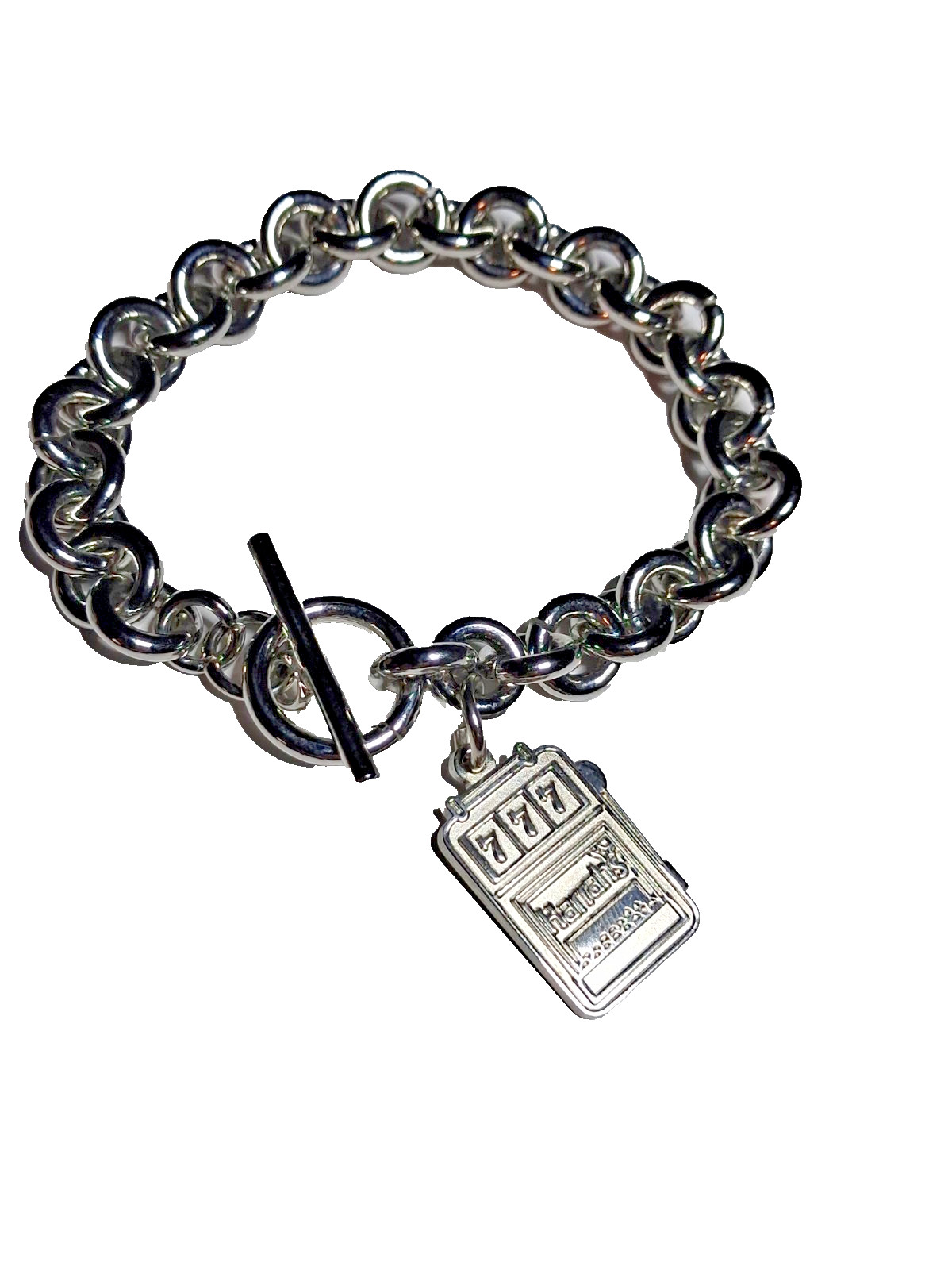 Vintage Harrahs Casino 777 Slot Machine Charm Toggle Bracelet Silver Tone 7.5″