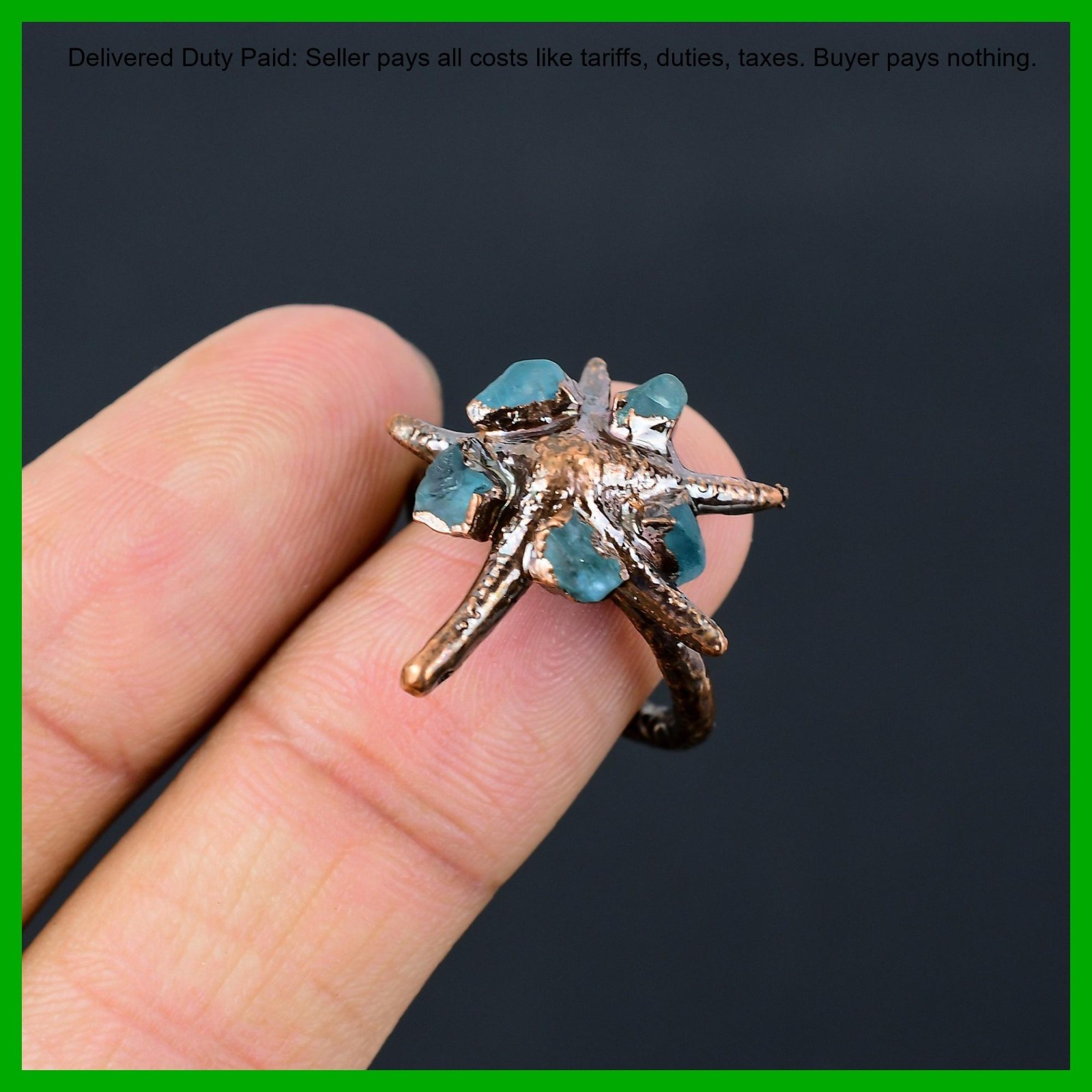 Pentagon Aquamarine Rough Stone New Electroformed Engagement Ring Jewelry Copper