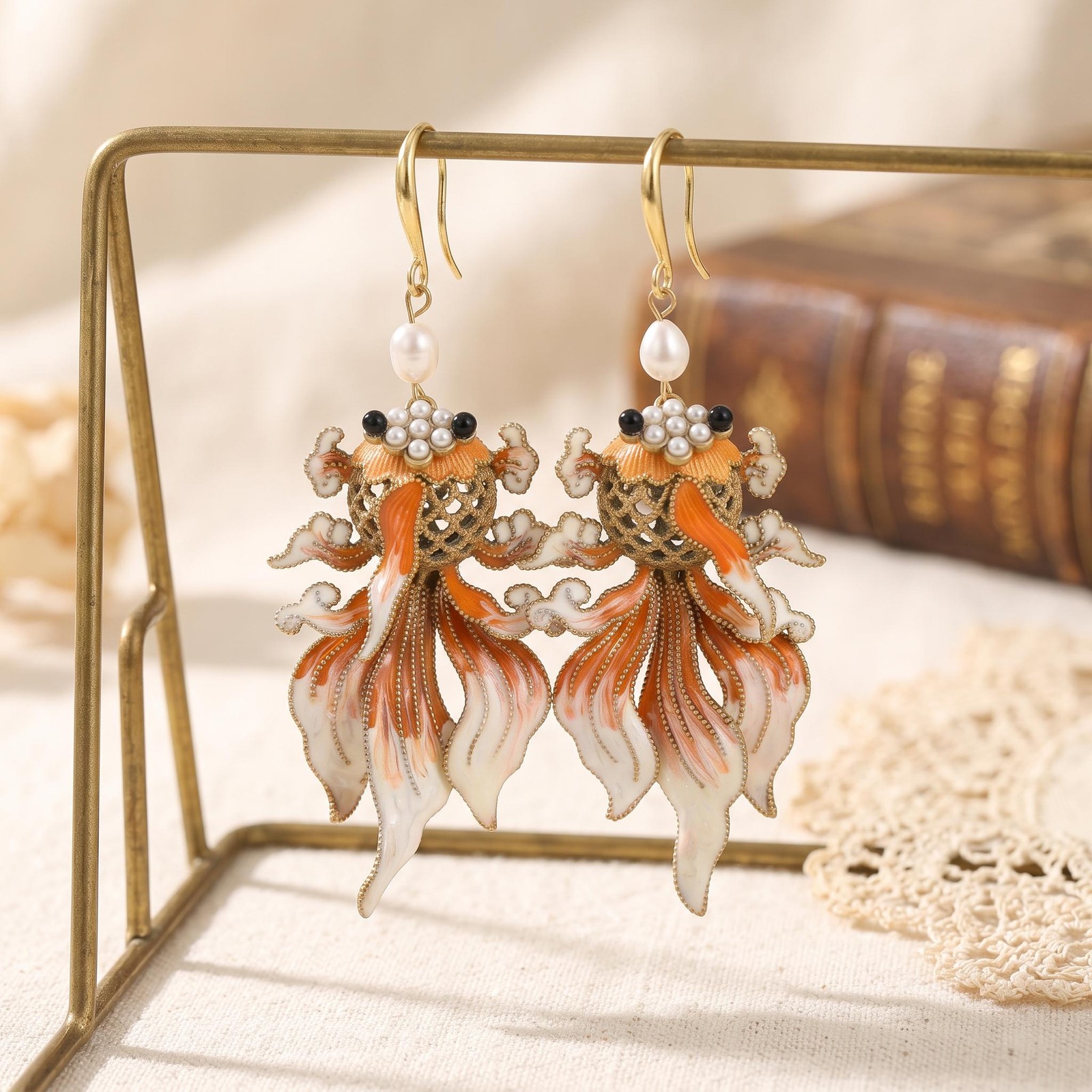 Koi Fish Drop Earrings Gold Enamel Pearl Orange Carp Art Deco Long Dangle Hook
