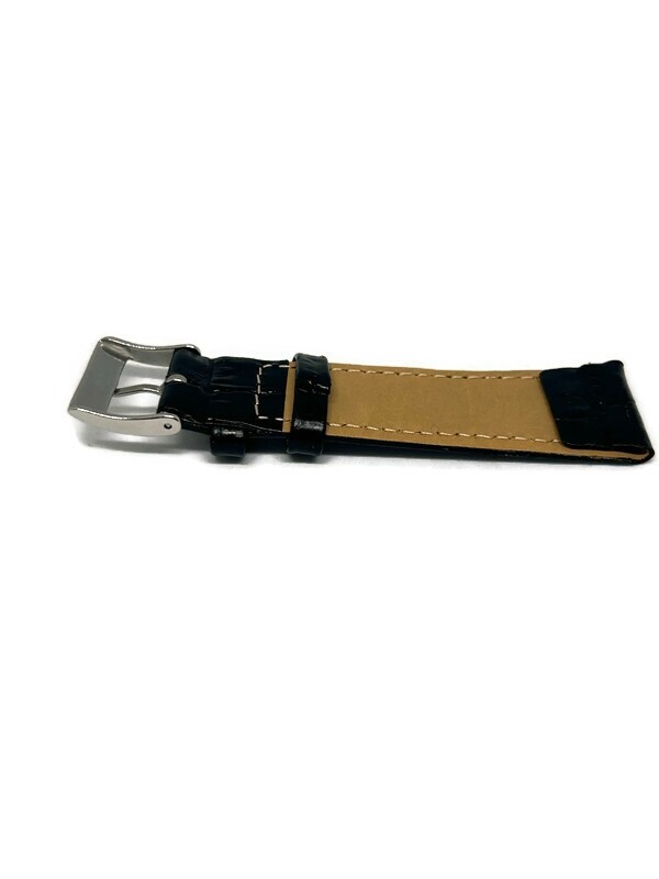 Open Ended Watch Strap, Black Calf Leather, Alligator Grain, Matt Finish