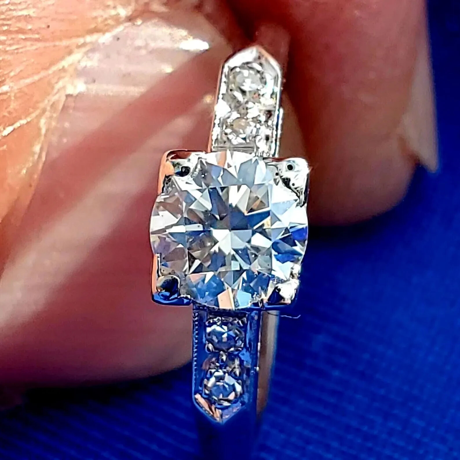 Original EARTH MINED DIAMOND Deco Engagement Ring Vintage PLATINUM Solitaire S 5