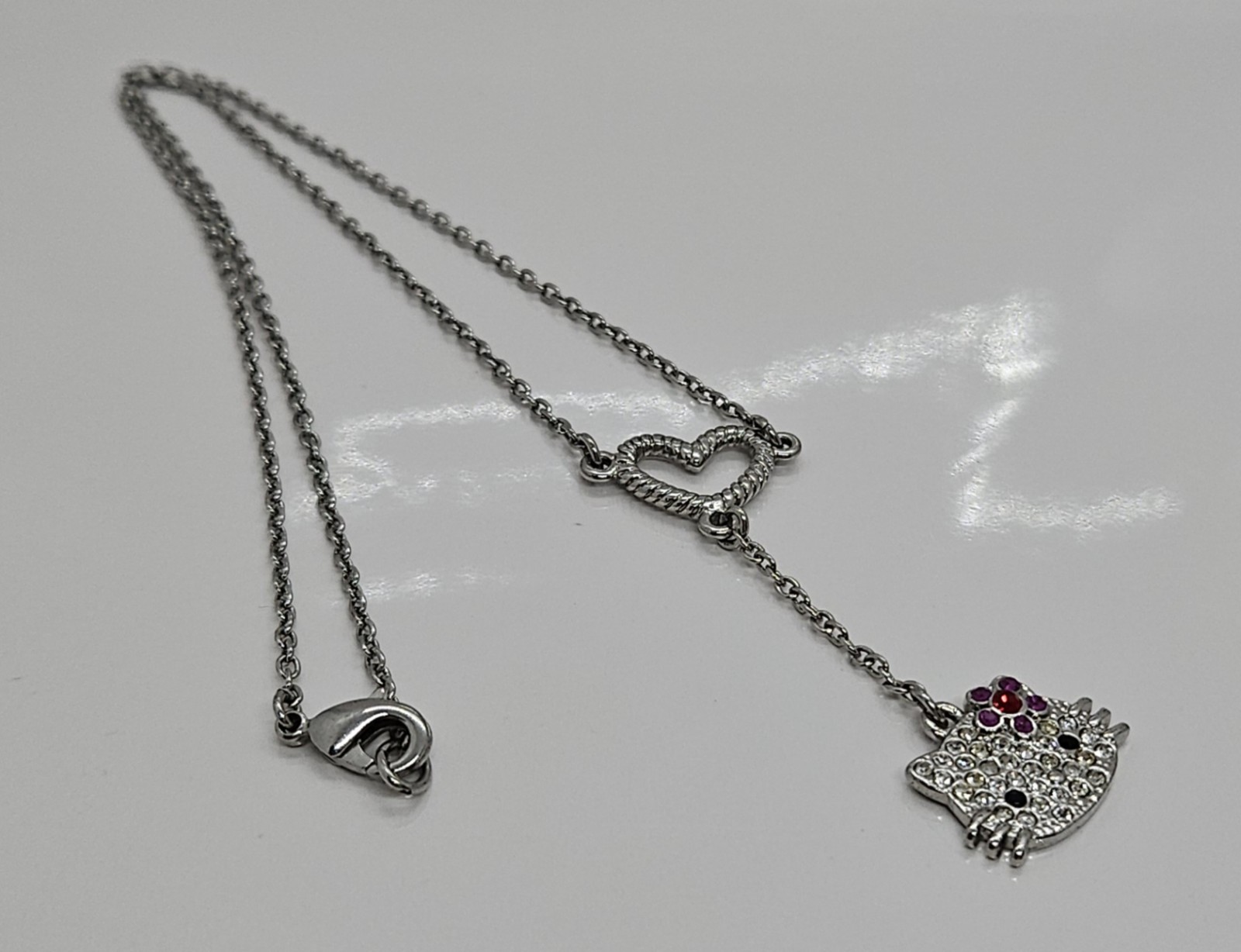 Hello Kitty Necklace Rhinestone Silver Tone Heart Pendant Design 20″