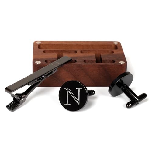 Mens Initial Cufflinks and Tie Clip A-Z Alphabet Letter Black Classic-N
