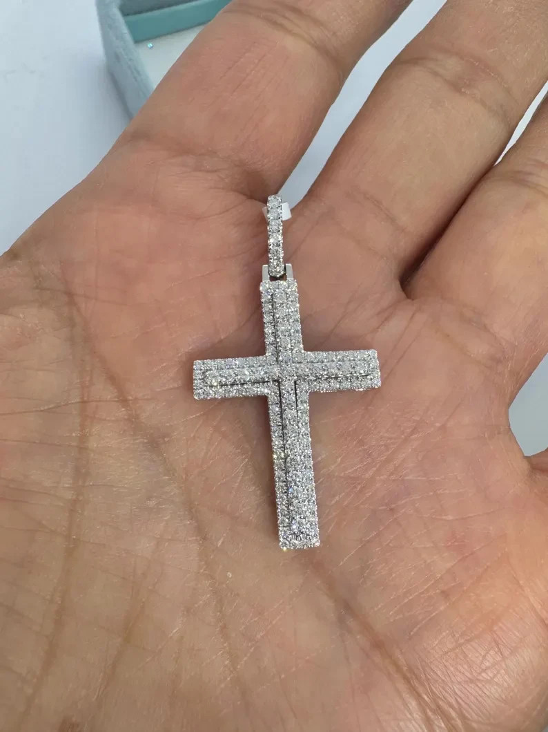 0.89Ct Round Cut Moissanite Cross Square Pave Set Pendant 14K White Gold Plated