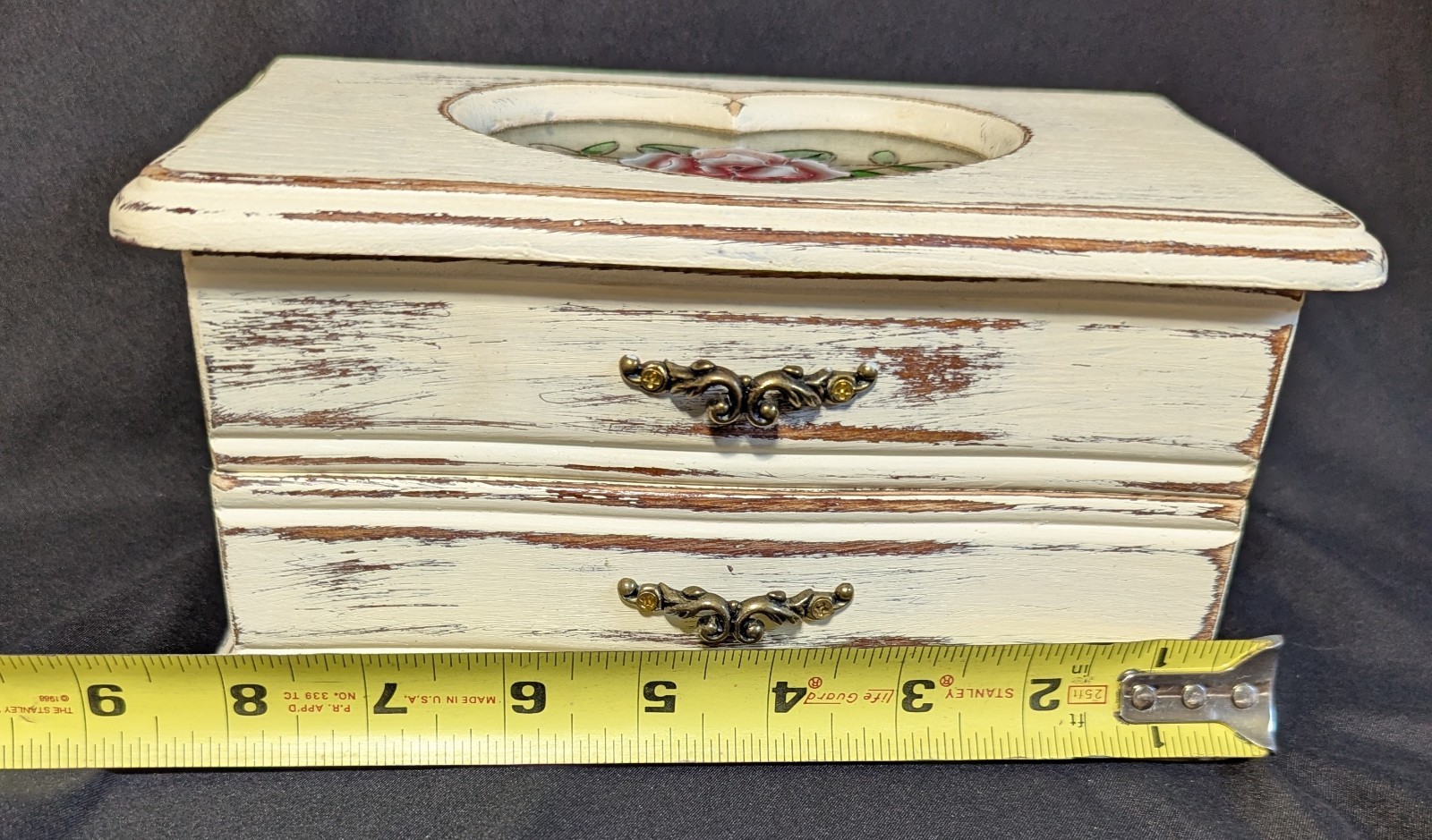 Vintage Shabby Distressed White Wooden Jewelry Box Table Top Rose Theme