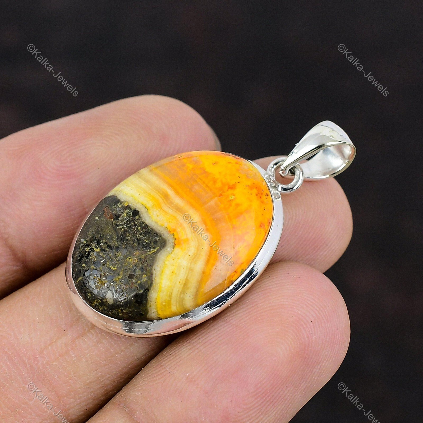 Natural Bumble Bee Jasper Gemstone Pendant Yellow 925 Sterling Silver Jewelry