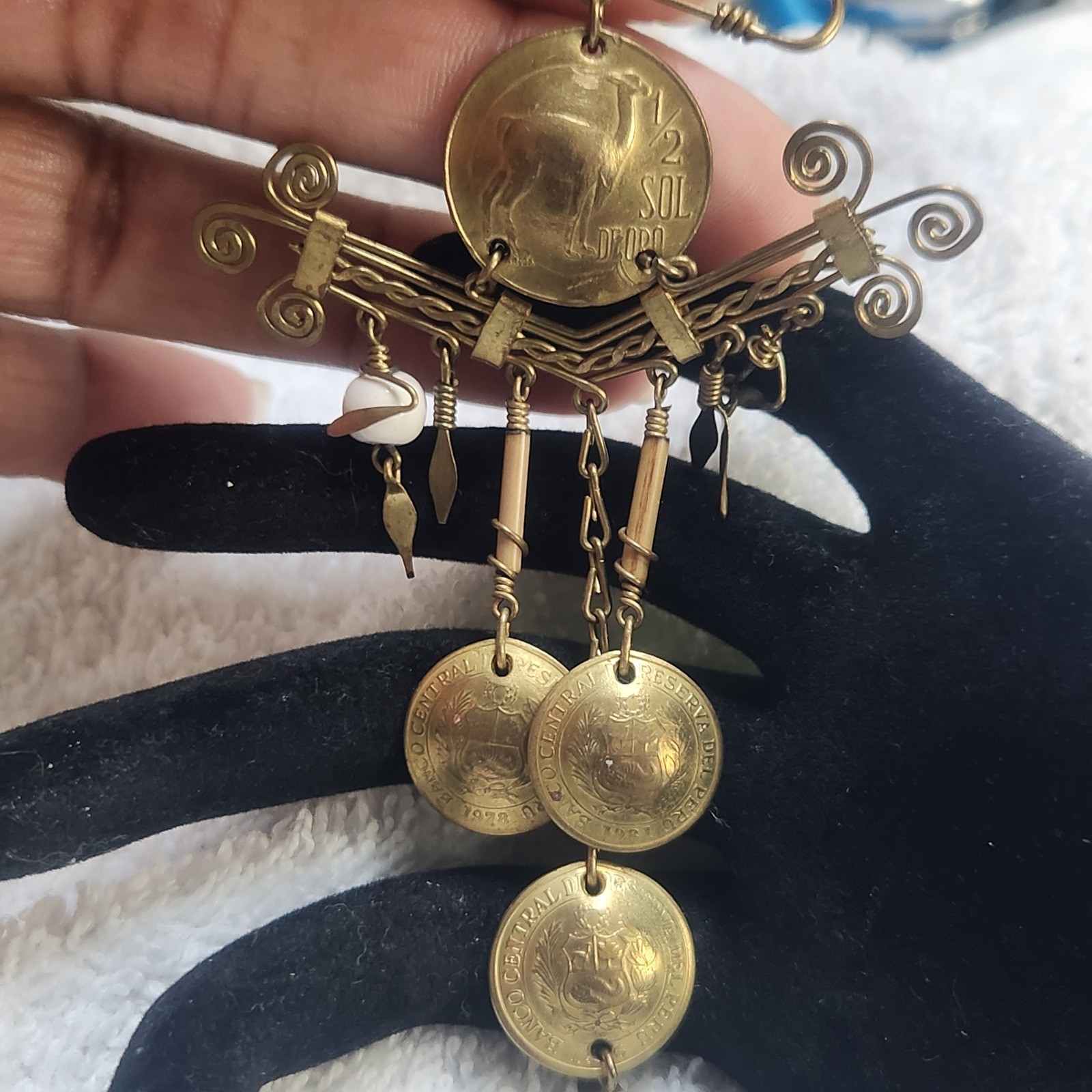 Vintage Peruvian Coin Brooch Brass Folk Art Sol De Oro Dangle Pin Peru Jewelry