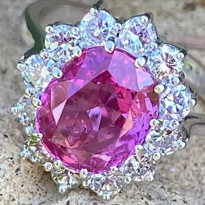 6.8 Ct Oval Cut Natural Pink Sapphire Diamond Wedding Ring 14K White Gold Size 7