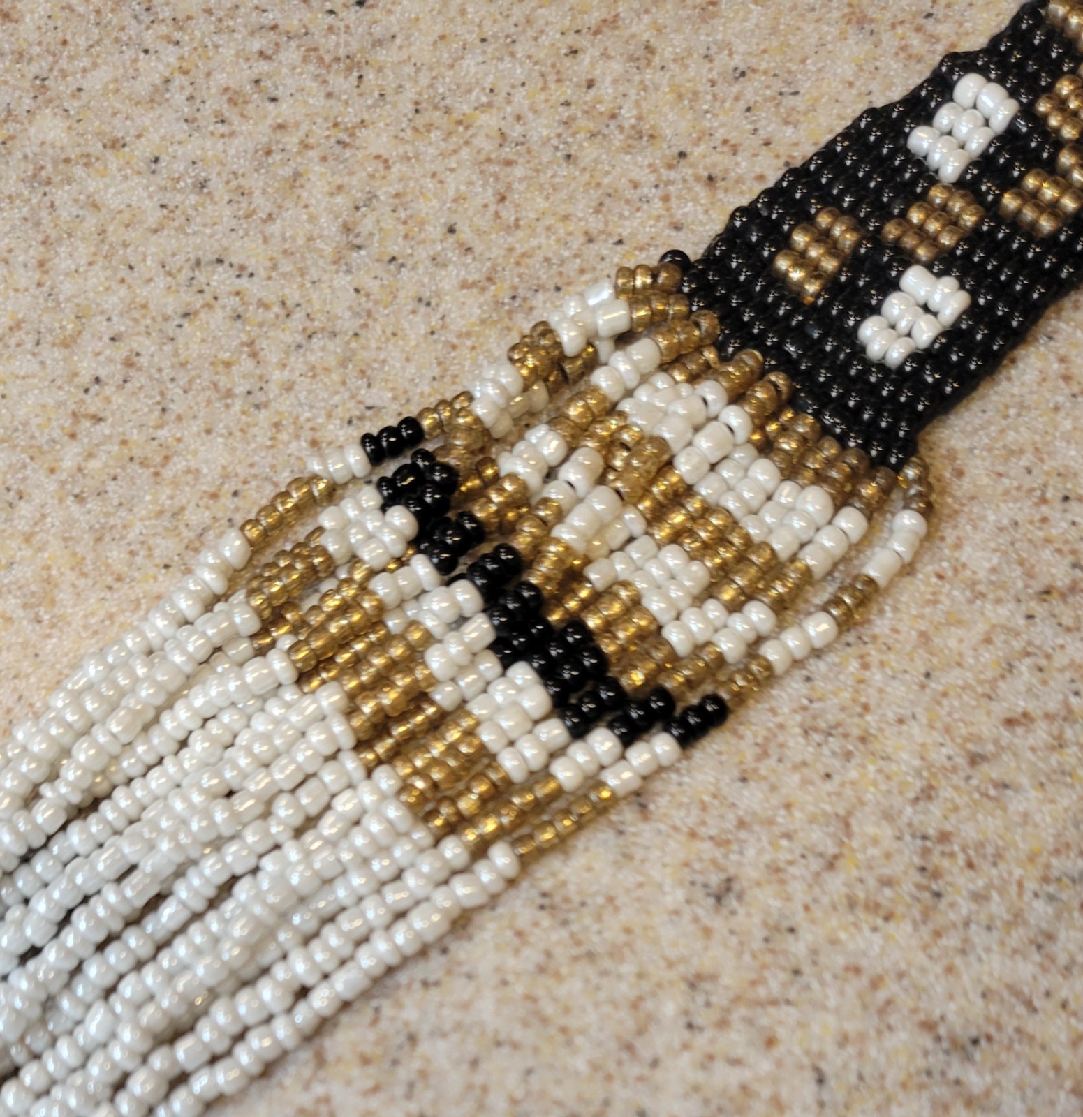 16 Strand Waterfall Necklace Black White Gold Seed Beads Beaded Vintage 22in