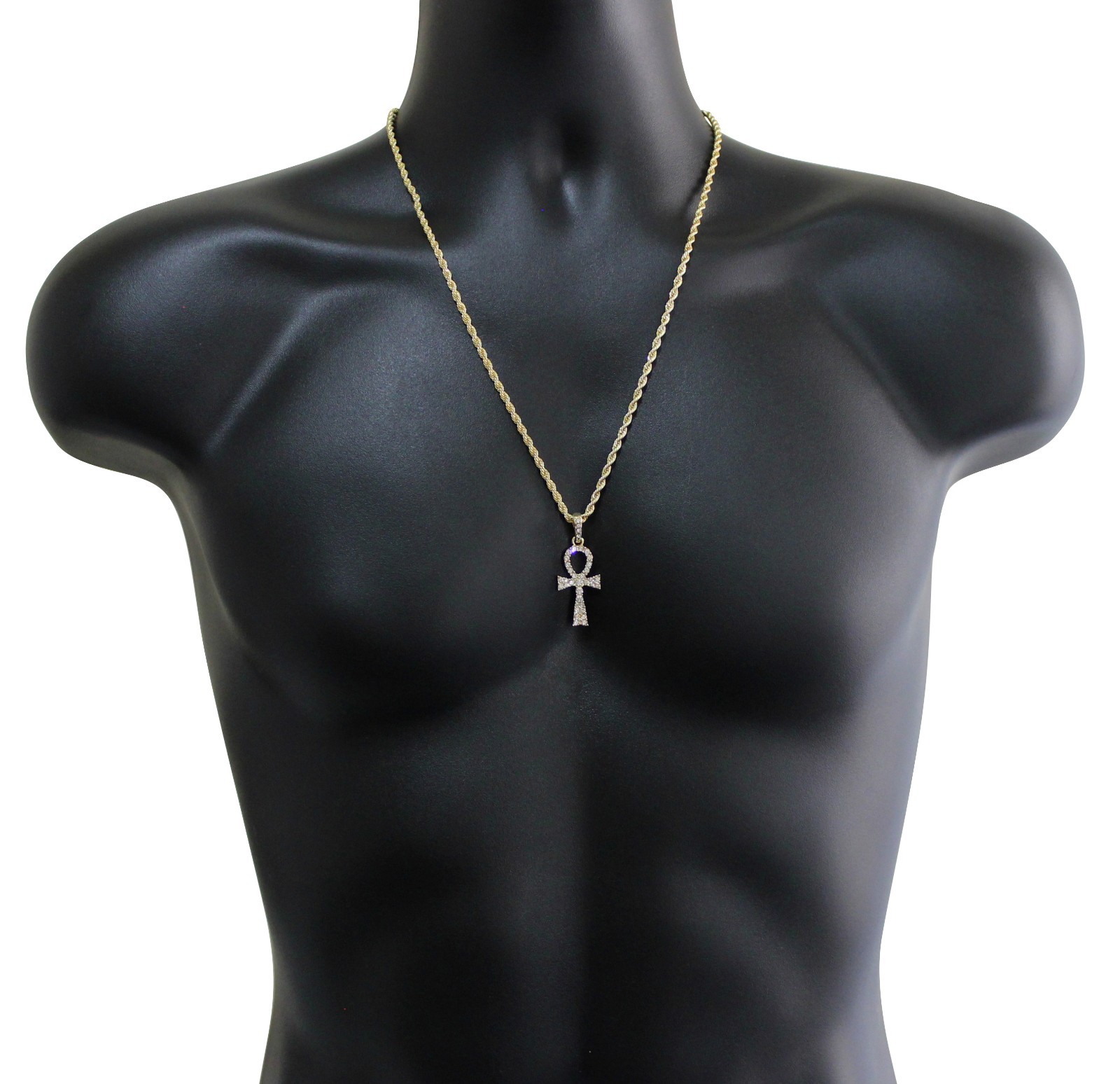 Ankh Pendant 14k Gold Plated iced Cz w/ 24″ Rope Chain Hip Hop Necklace