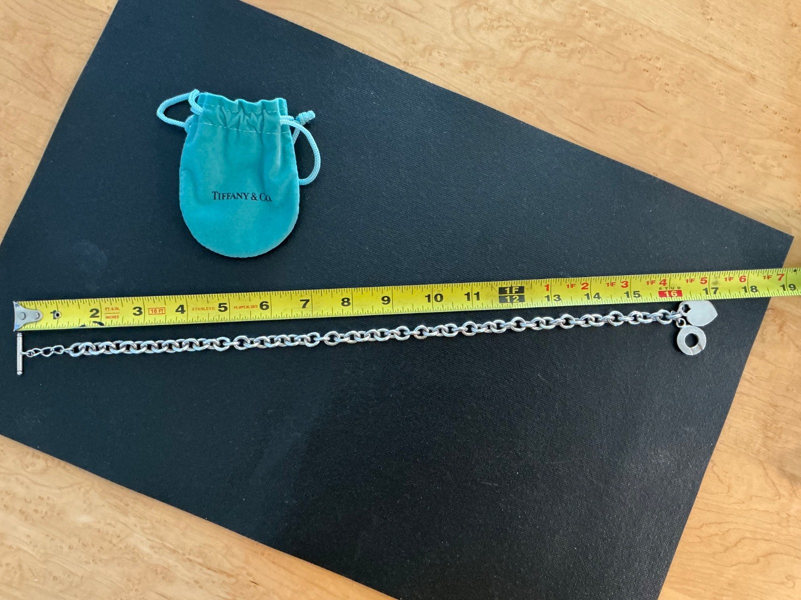 Tiffany & Co Sterling Silver 925 Heart Tag 16″ Toggle Necklace & Pouch