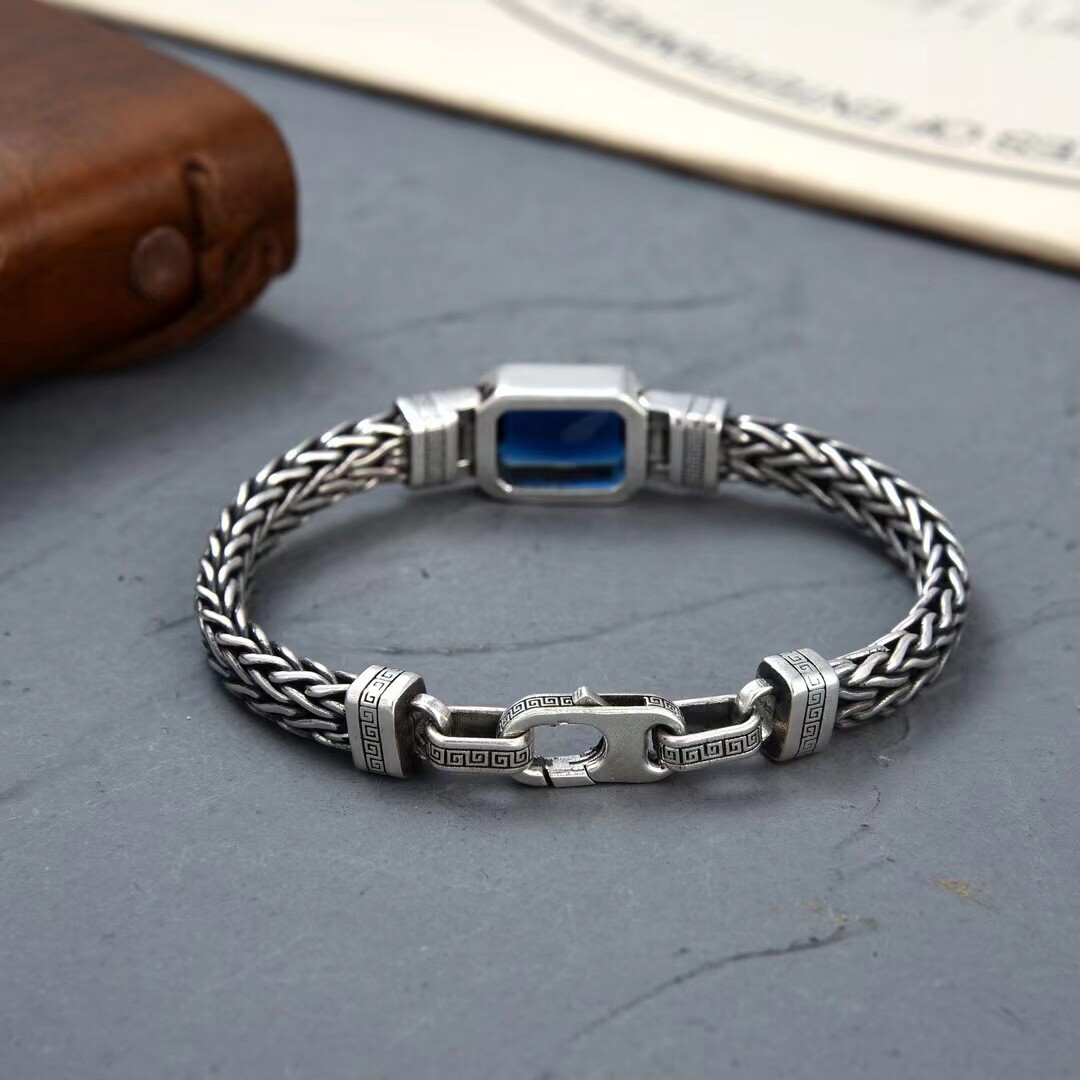 Real 925 Sterling Silver Bracelet Men Blue Zircon Square Wheat Link 7-8.6inch