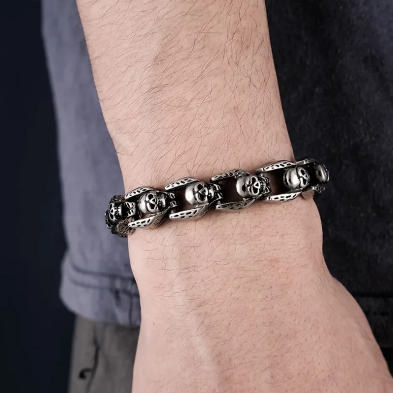 Men’s Vintage Silver Skull Chain Bracelet Heavy Punk Gothic