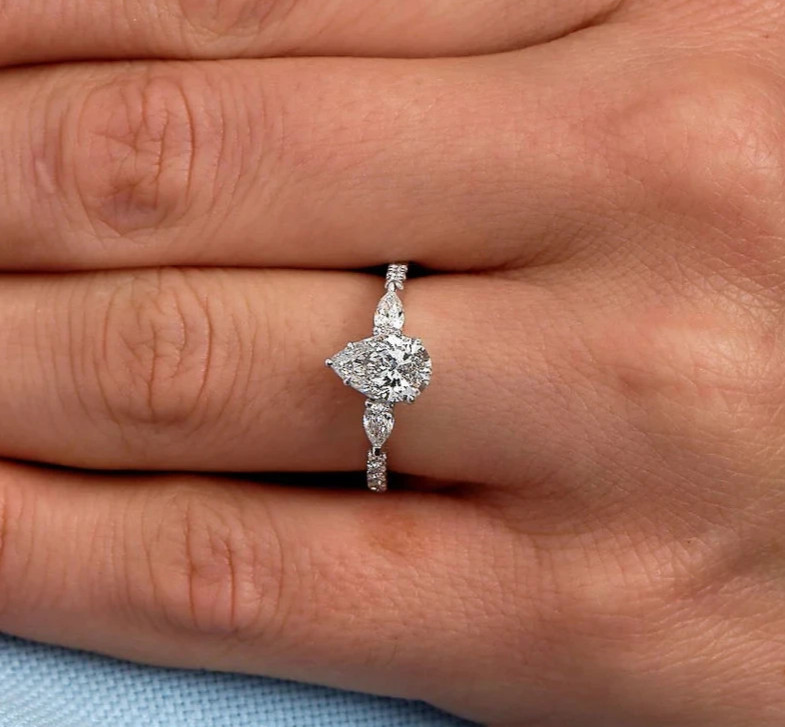 IGI 2.00 Ct Pear Cut EF-VS1 Lab Grown Diamond Three Stone Ring 14K White Gold