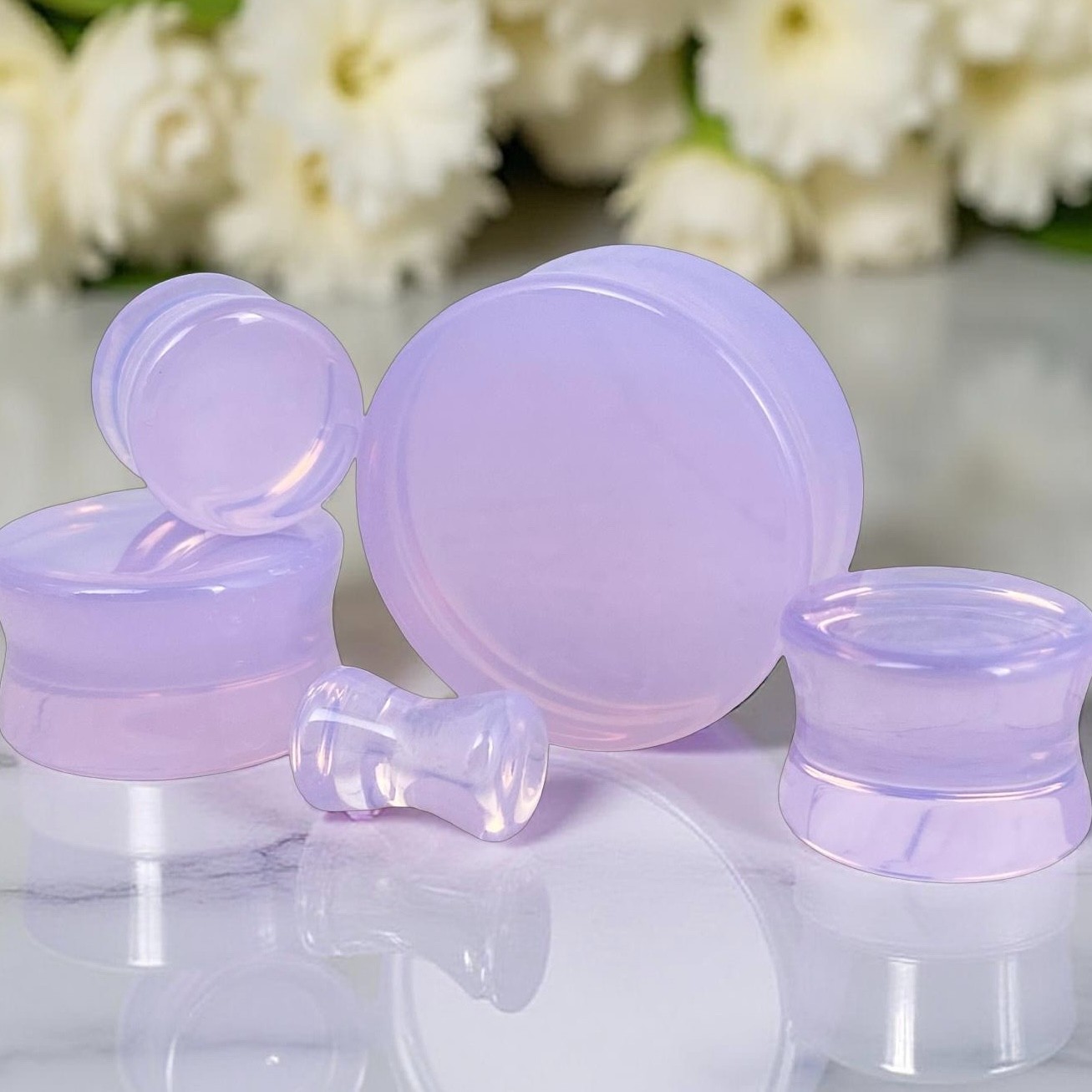Pair of Lavender Opalite Stone Double Flare Plugs (STN-725) gauges