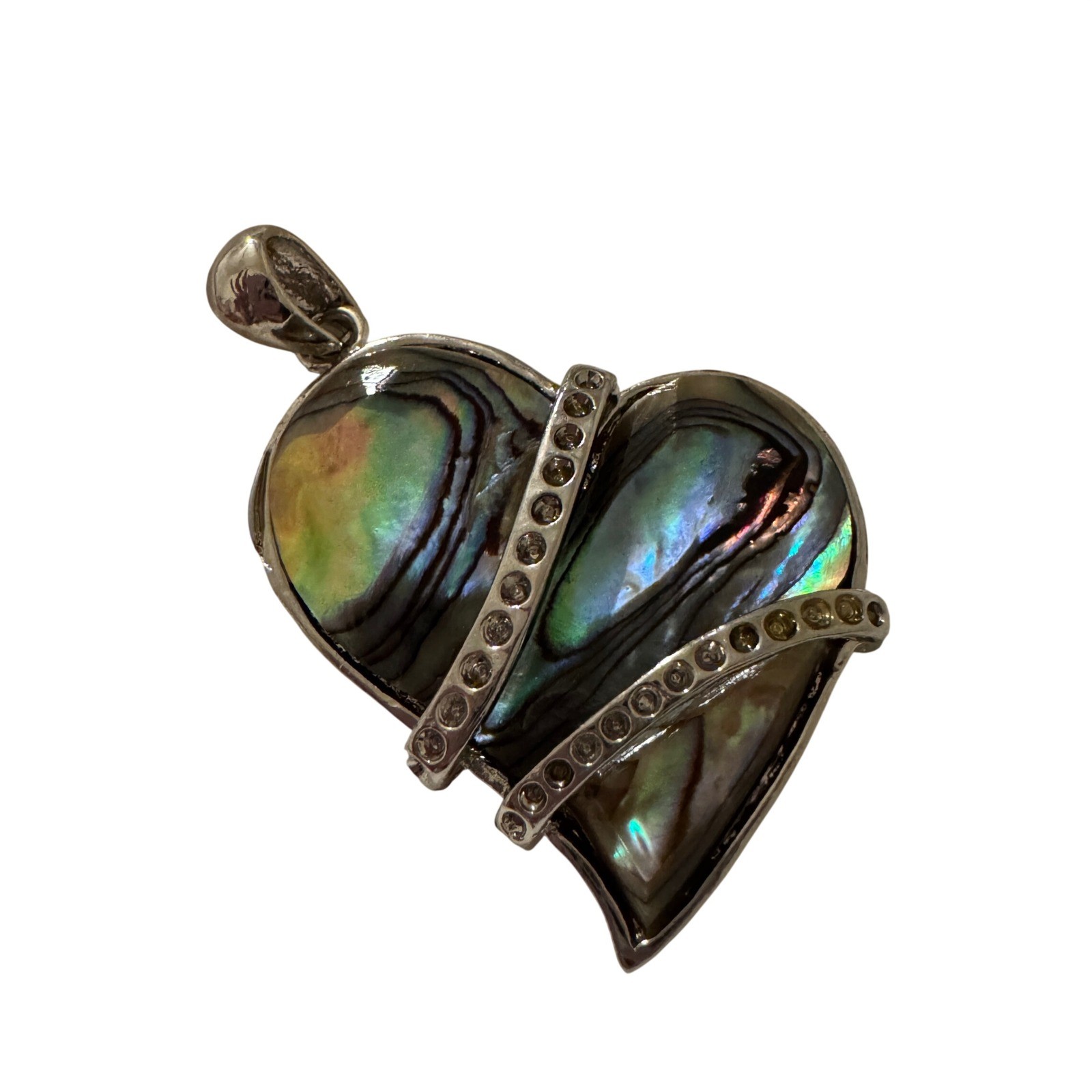 Abalone Shell Heart Pendant Silver Tone Rhinestone Iridescent Statement Jewelry