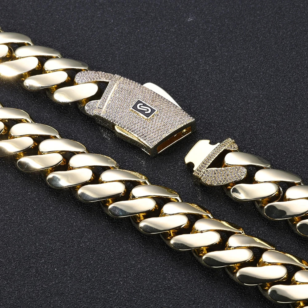 5AAA+ CZ 20mm Cuban Link Chain Necklace Bracelet Gold Plated Brass Iced Out
