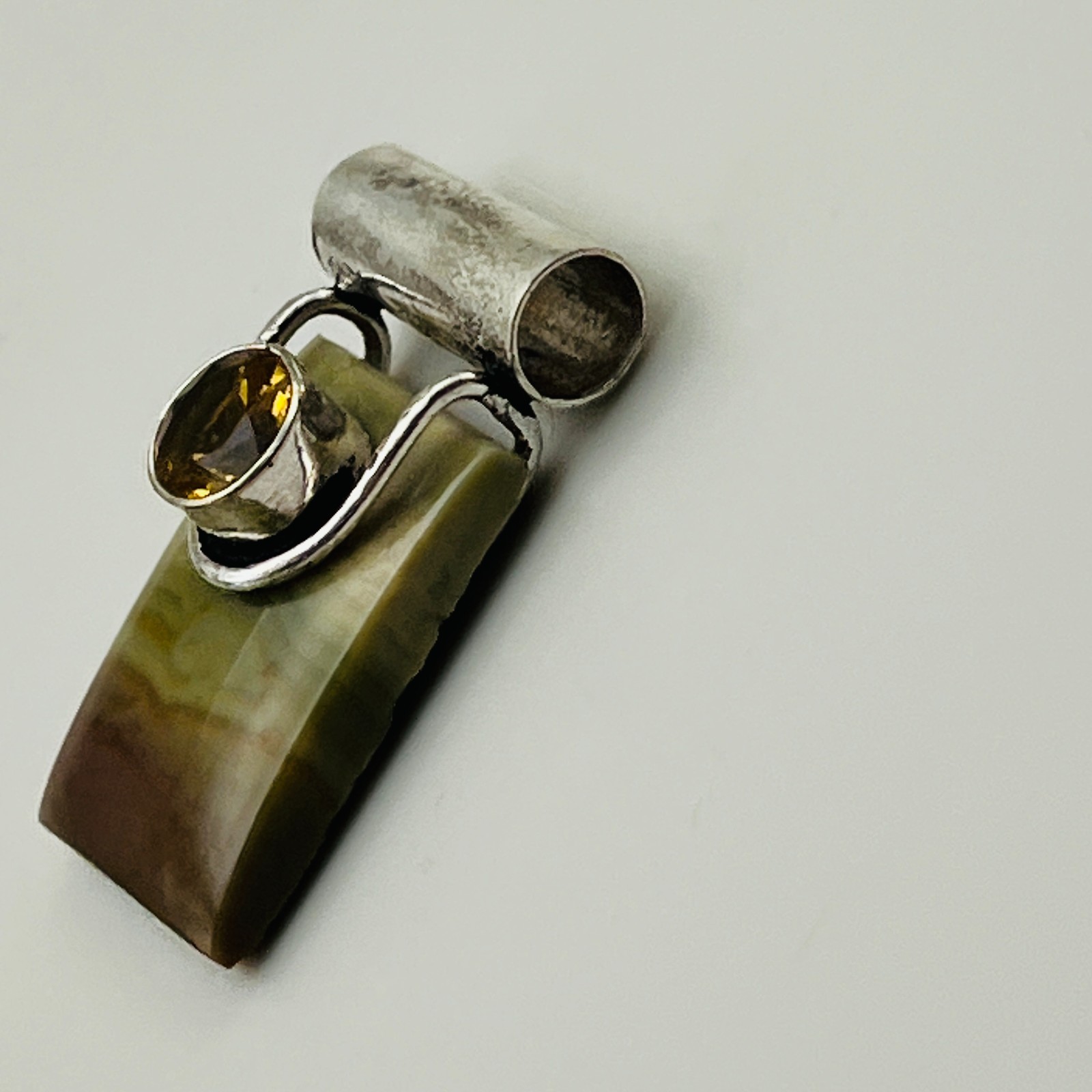 Artisan Pendant Rectangle Stone Yellow Accent Silver Tone Modern Statement