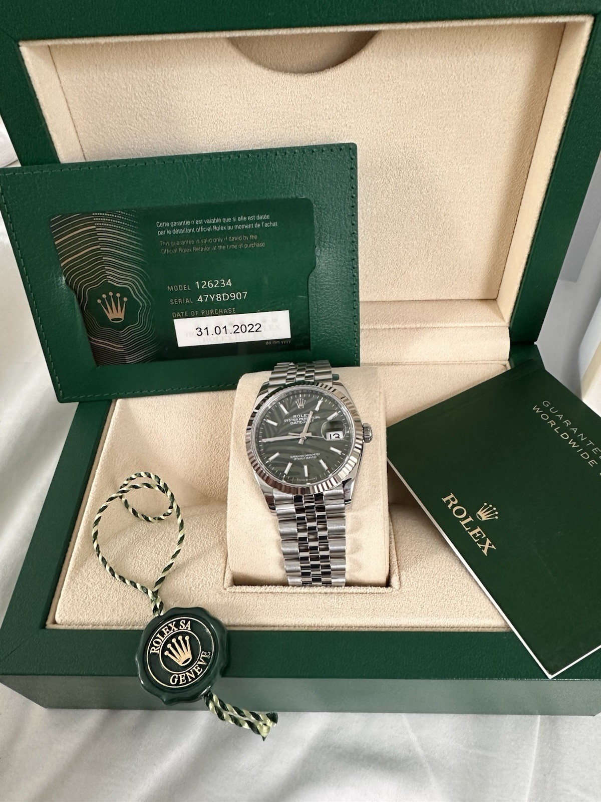 Rolex Datejust 126234-36mm Green Palm Dial Jubilee Stainless, fluted bezel,