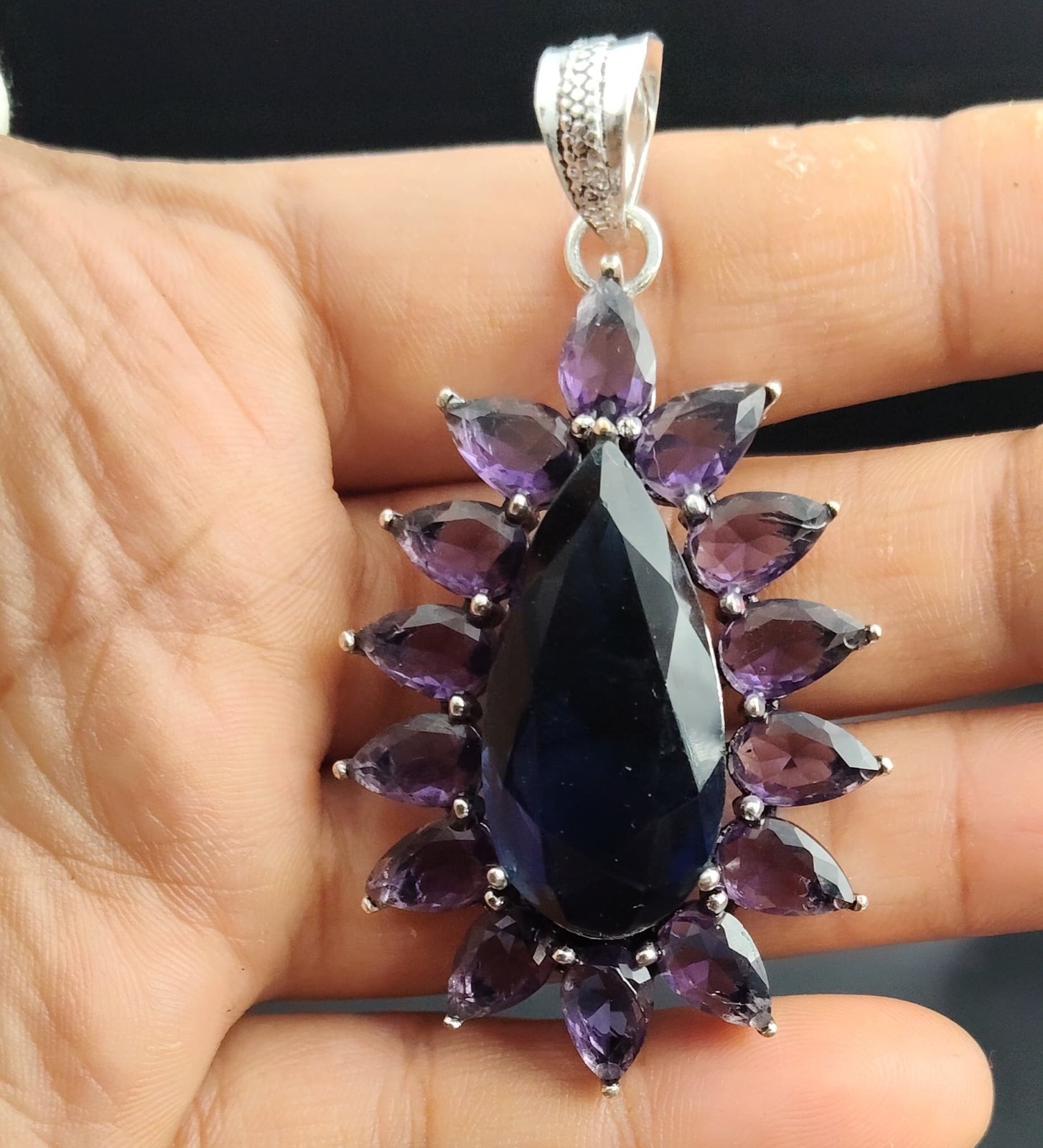London Blue Topaz & Amethyst Gemstone Pendant 925 Sterling Silver Jewelry
