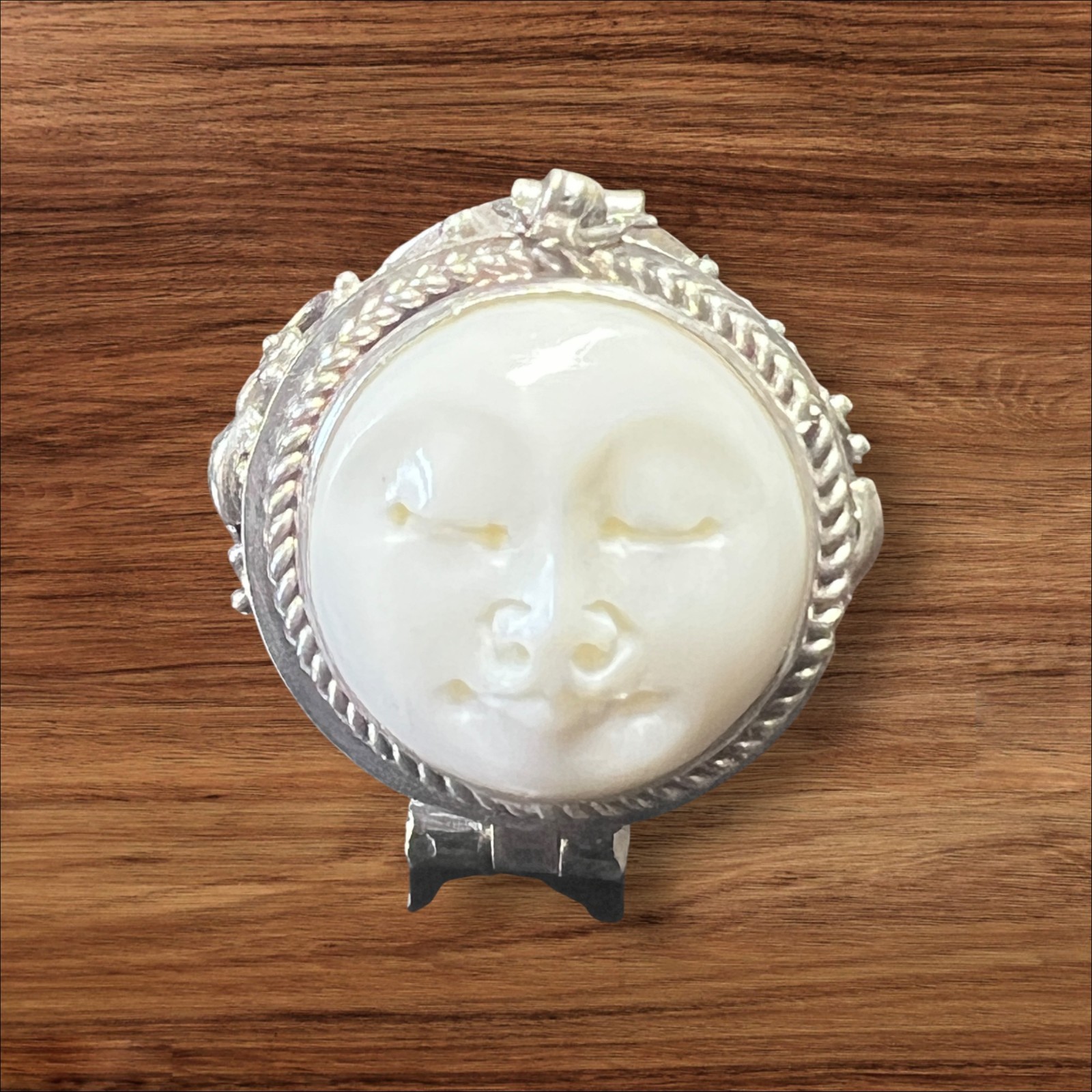 Poison Pill Box Sterling Silver 925 Ring W Bovine Bone Round Moon Face Sz 8,9,10