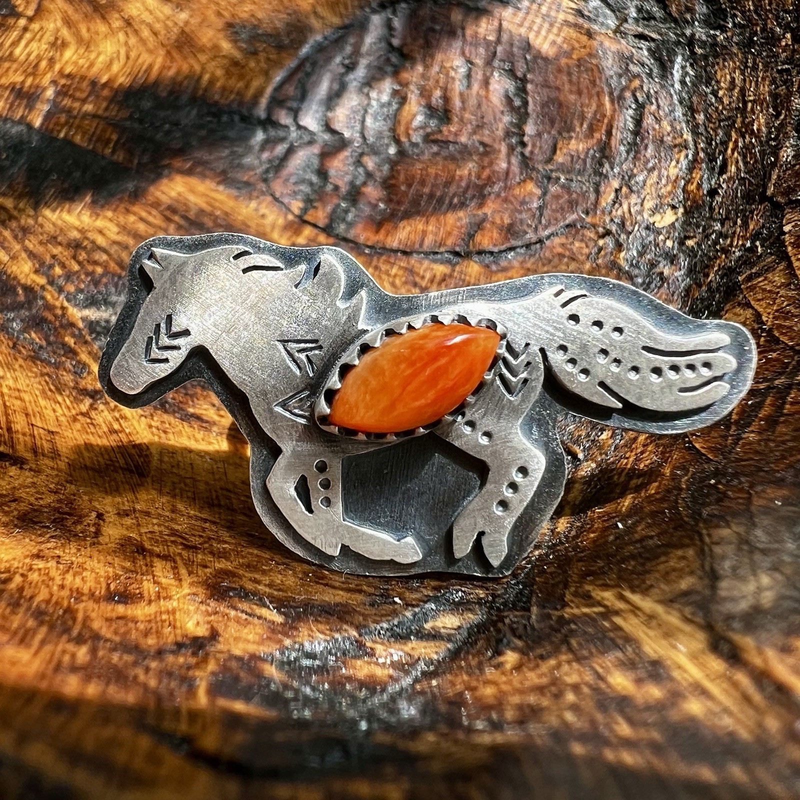 Sterling Silver Spiny Oyster Horse Ring Size 8 Adjustable | Southwestern