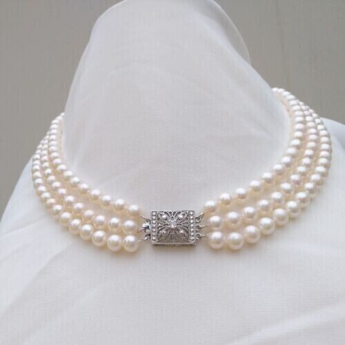 17″-19″ Triple Strand Natural 8-9mm Akoya Round White Pearl Necklace 925 Clasp