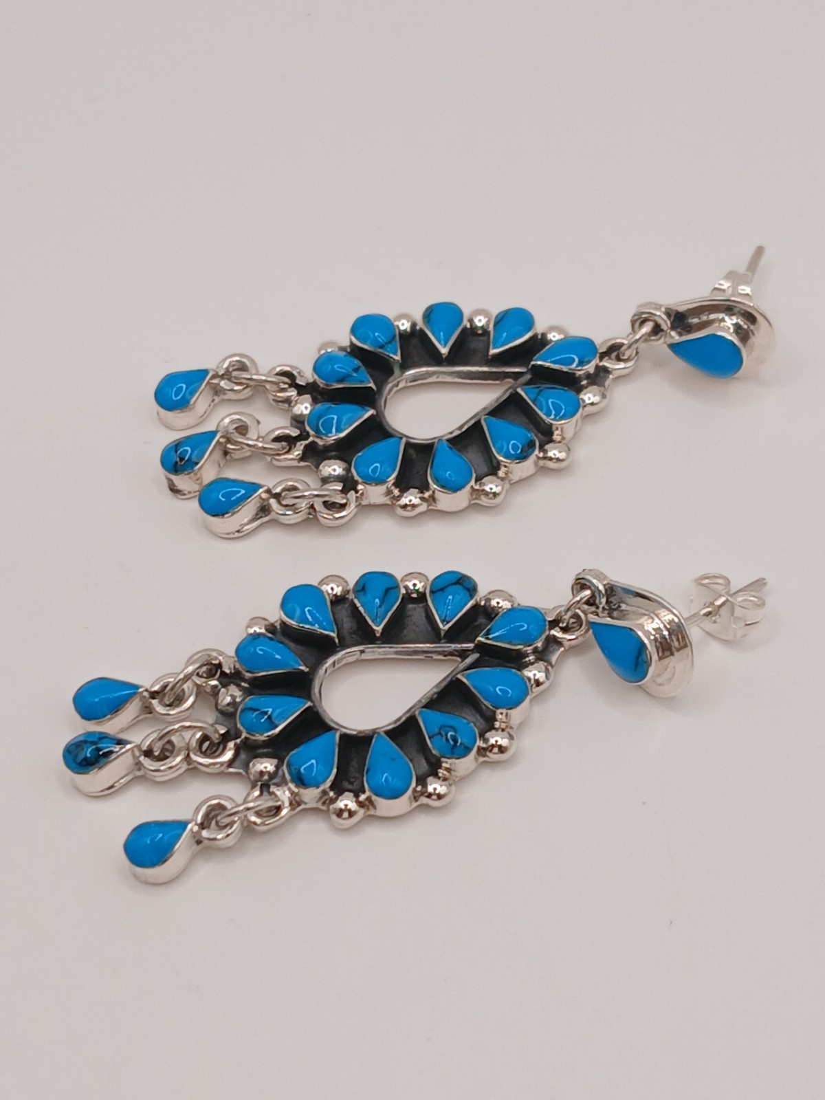 Sterling Silver Navajo Style Turquoise Teardrop Dangle Earrings 61mm
