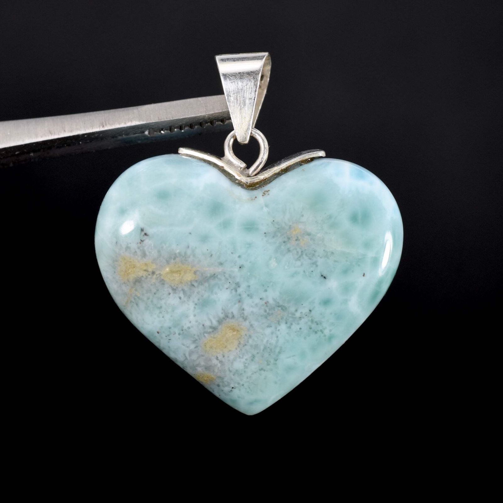 52ct 1.4in Genuine Larimar Heart Pendant for Necklace, Sterling Silver, Dominica