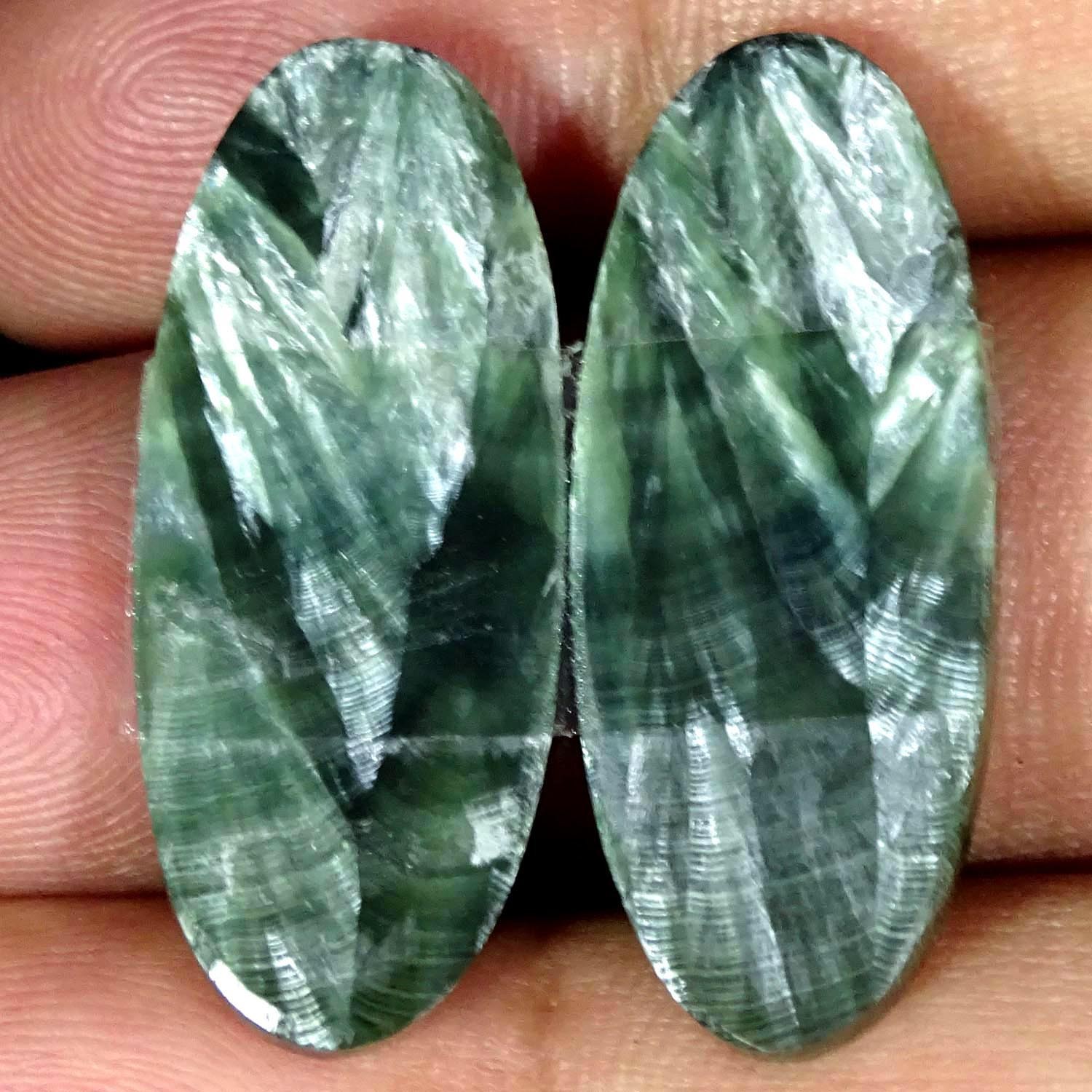 27.40Cts AAA Natural Green Seraphinite Pair Oval Cabochon 13X31X4MM