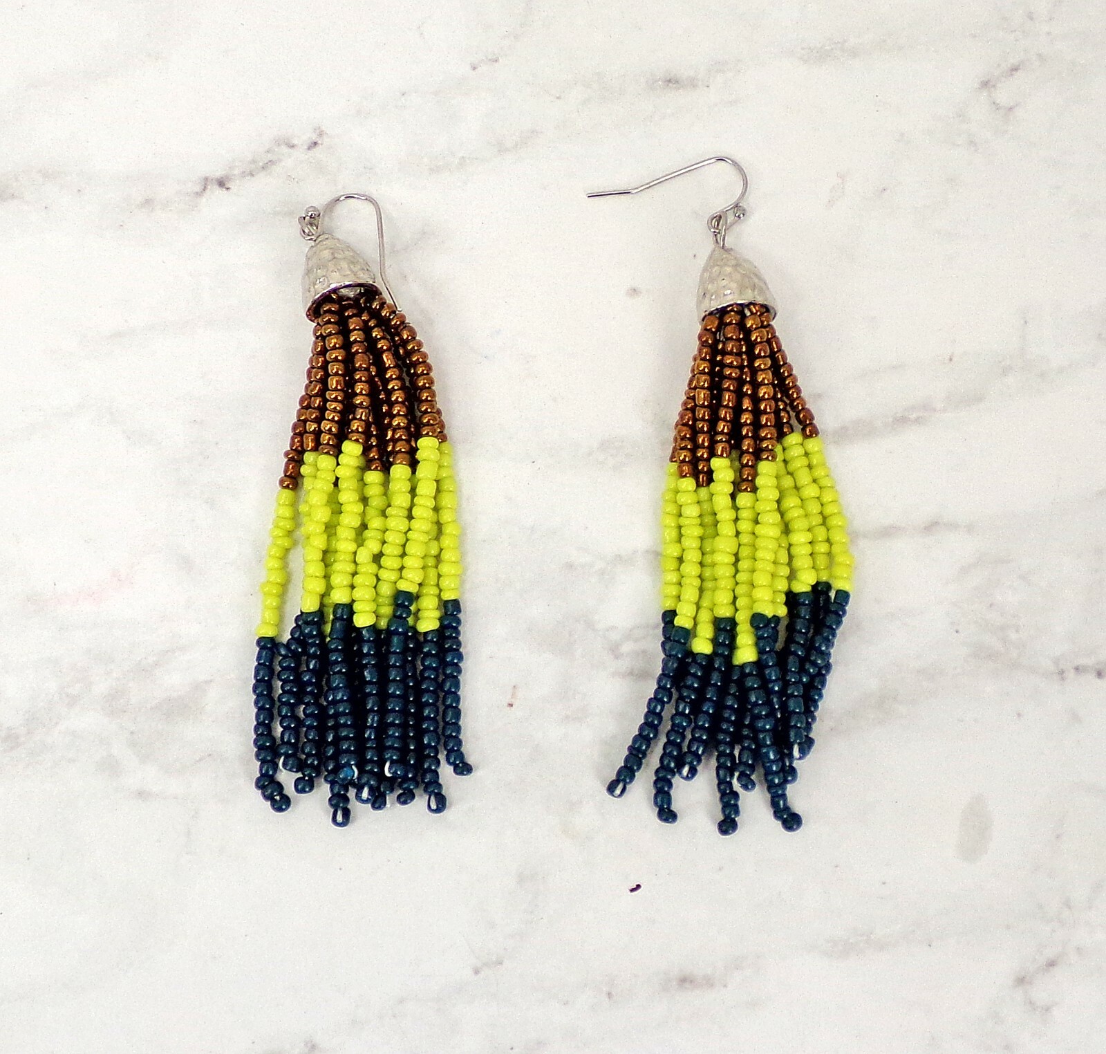 Multi color seed bead necklace and earring set in brown, yellow, blue, beige NEW