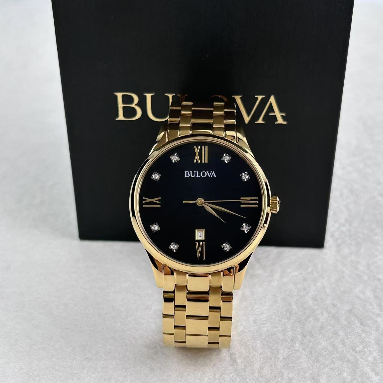 Bulova 97D108 Diamond Black Dial Gold Bracelet Classic Men’s Quartz Watch 40mm