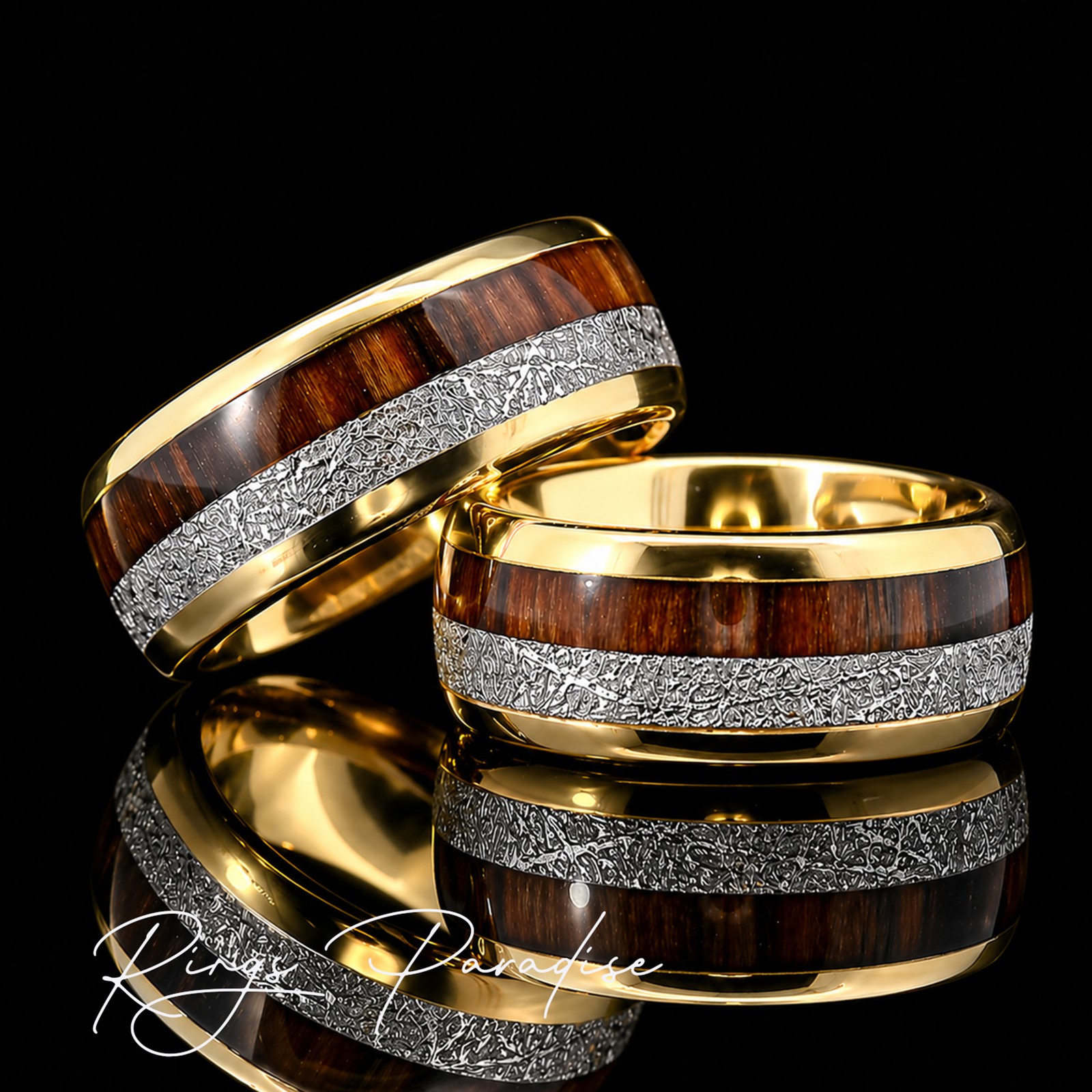 Yellow Gold Tungsten Ring 6mm 8mm | Wood Meteorite Inlay Band