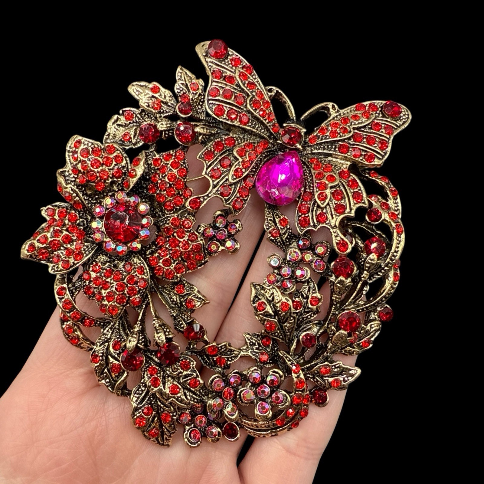 HUGE Butterfly Red Pink Flower Rhinestone Wreath Brooch Pin J26