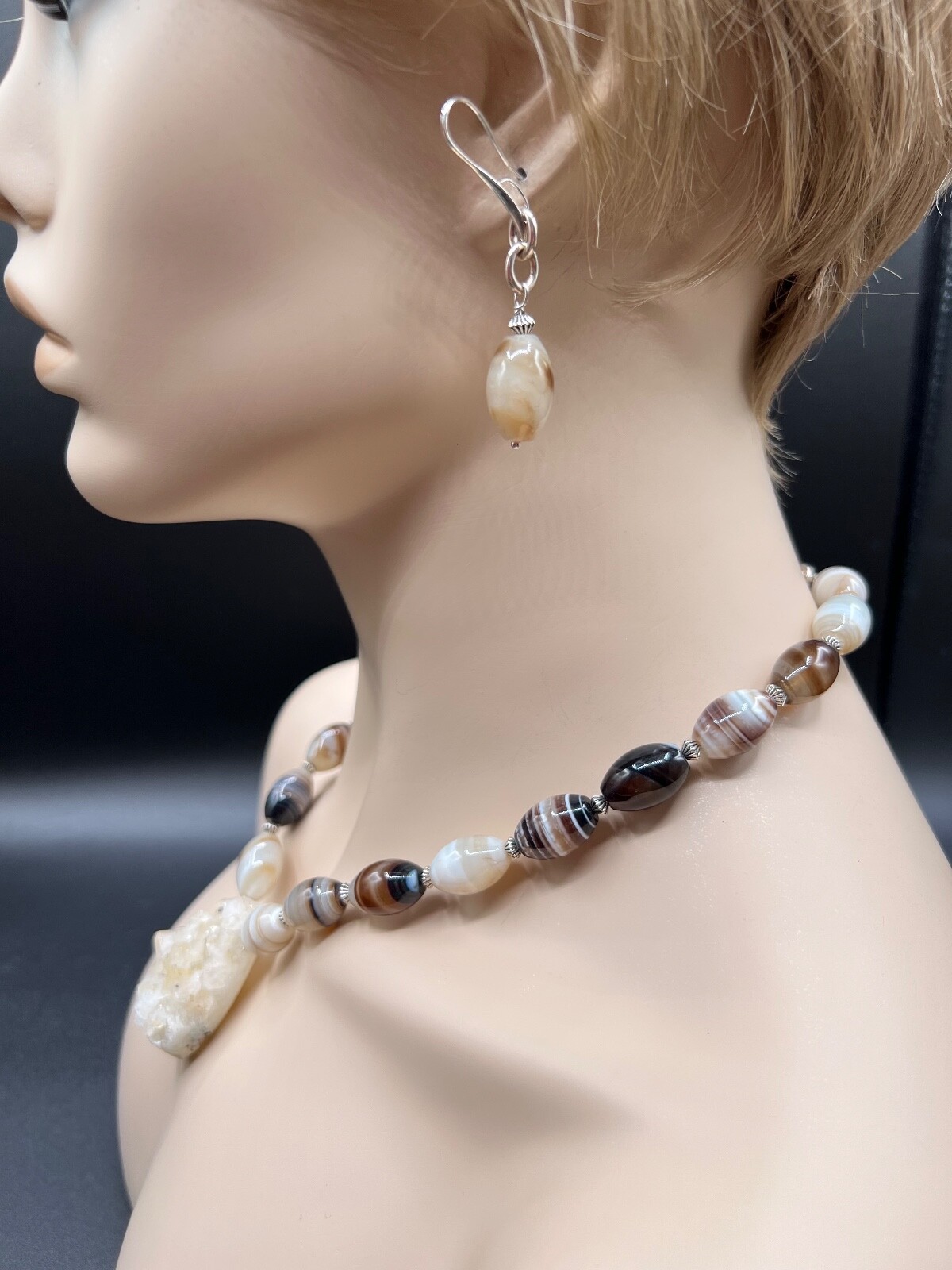 NATURAL DRUSY QUARTZ PENDANT WITH BOSTWANA AGATE BEAD NECKLACE EARRING SET