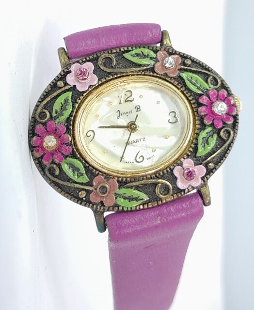 Women Jennie B Watch Gold Oval Case Purple Faux Leather Band Flowers In Bezel